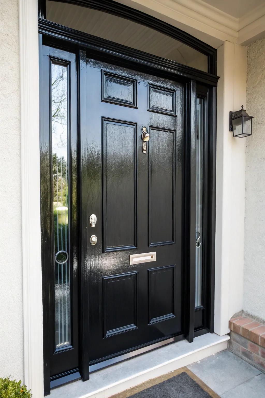 A satin sheen finish giving a black door a luxurious touch.