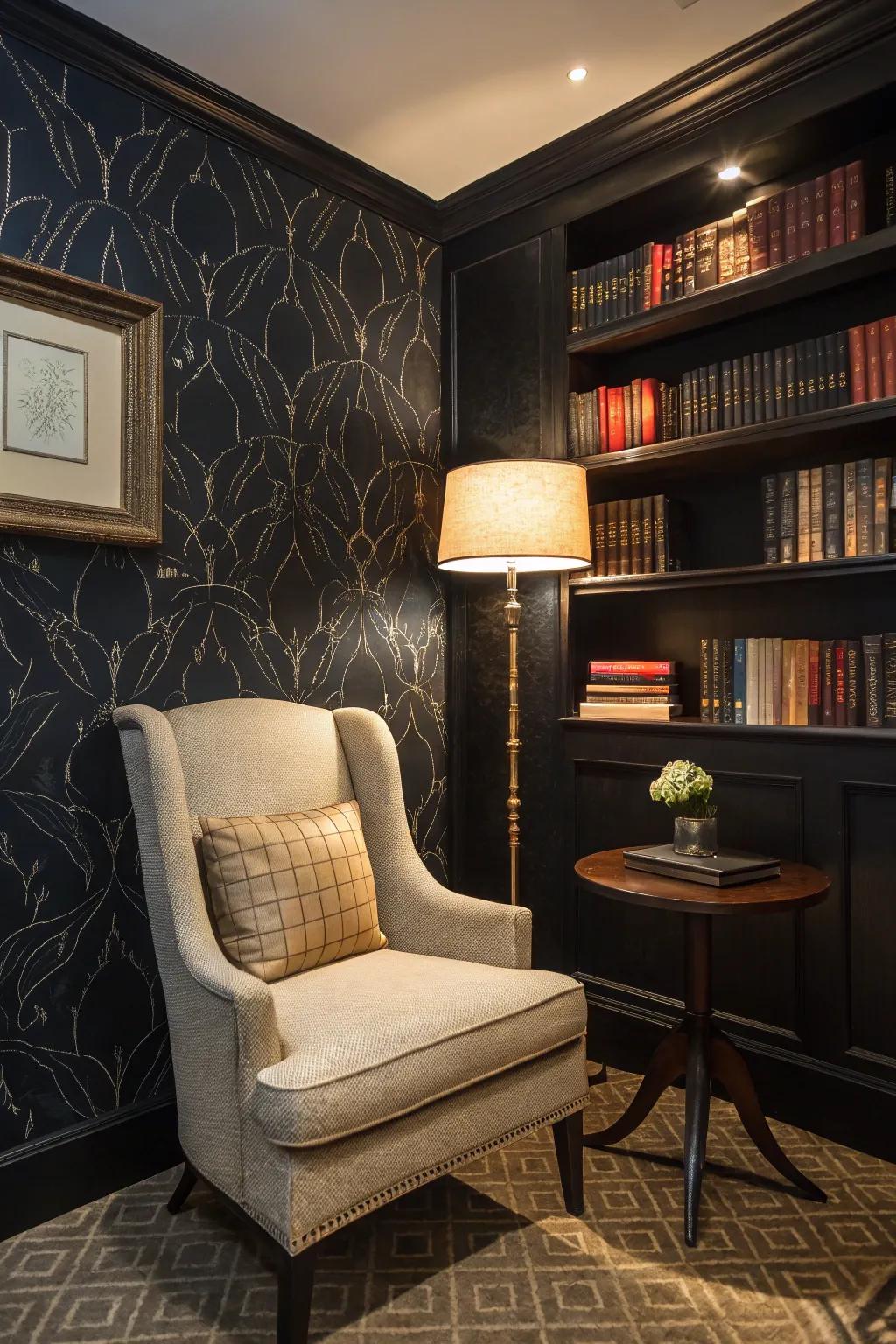 Textured wallpaper on a black wall.