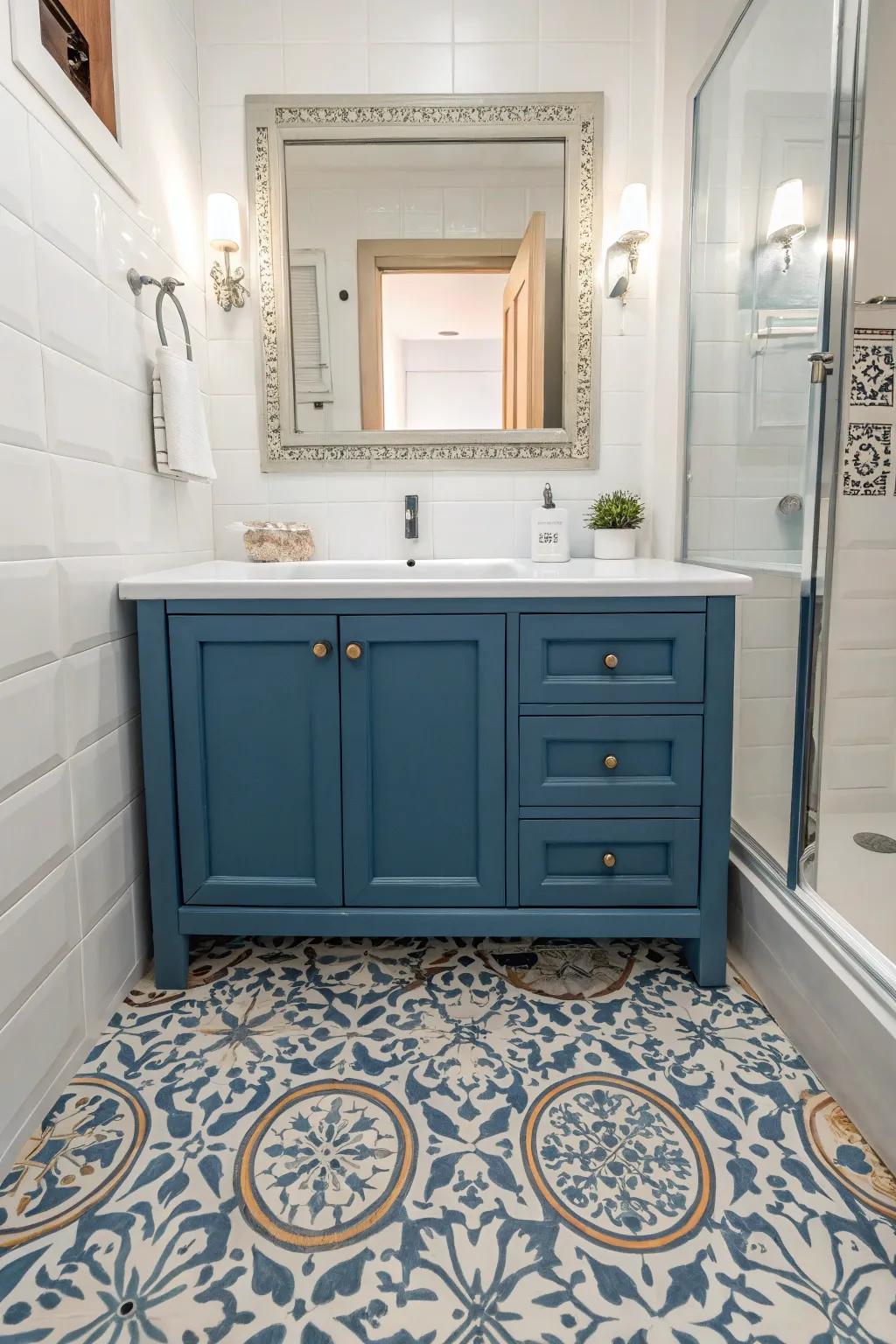 Patterned floors add whimsy and sophistication to a blue vanity.