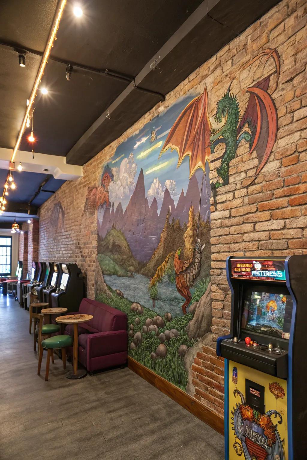 Fantasy mural transports a brick wall to another world.