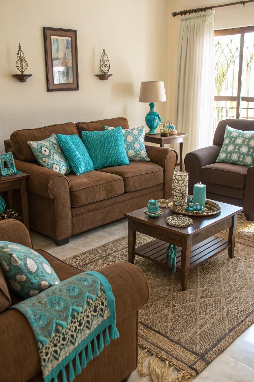 Vibrant accents like turquoise add a lively touch to brown decor.