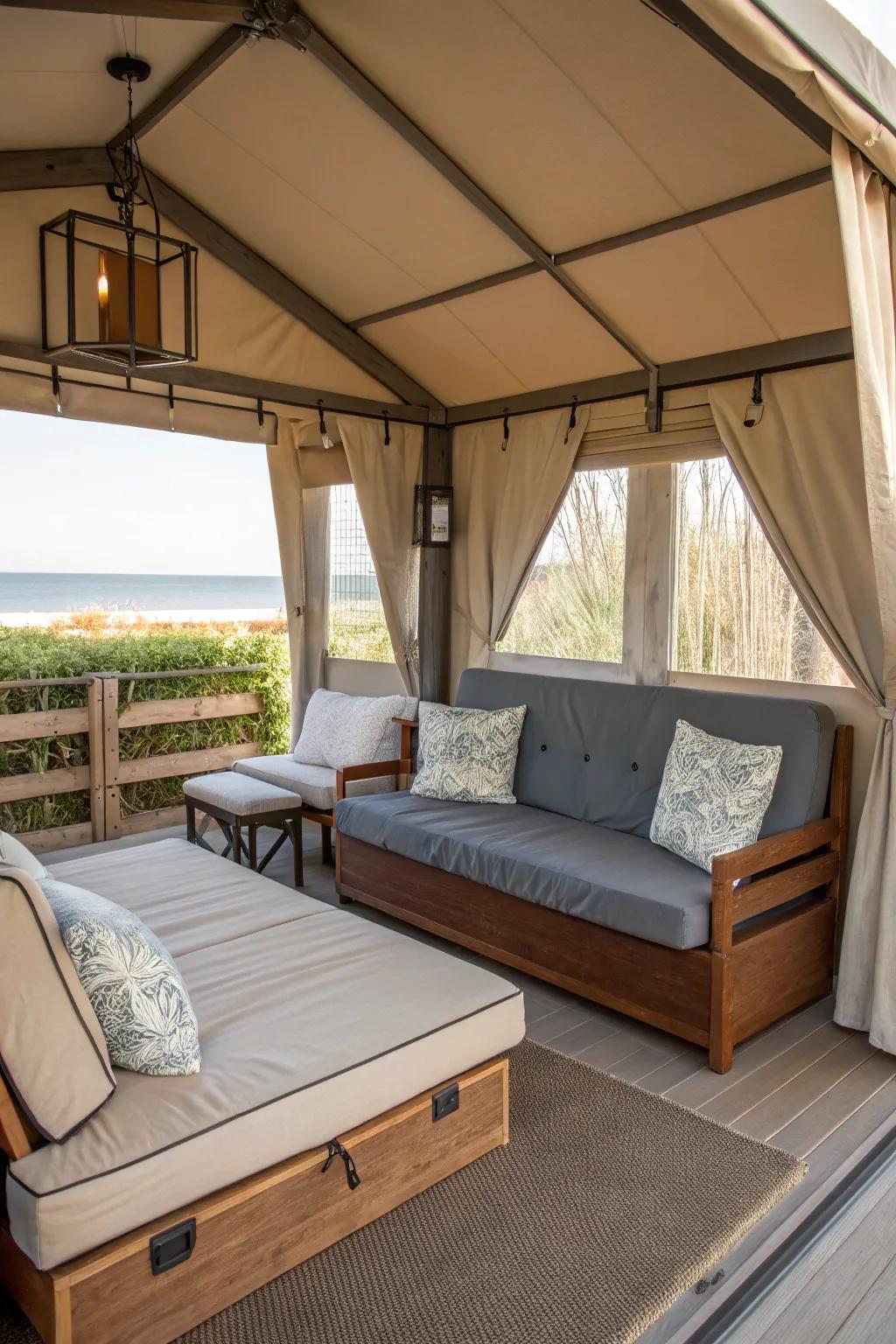 A flexible cabana featuring multifunctional furniture for added versatility.