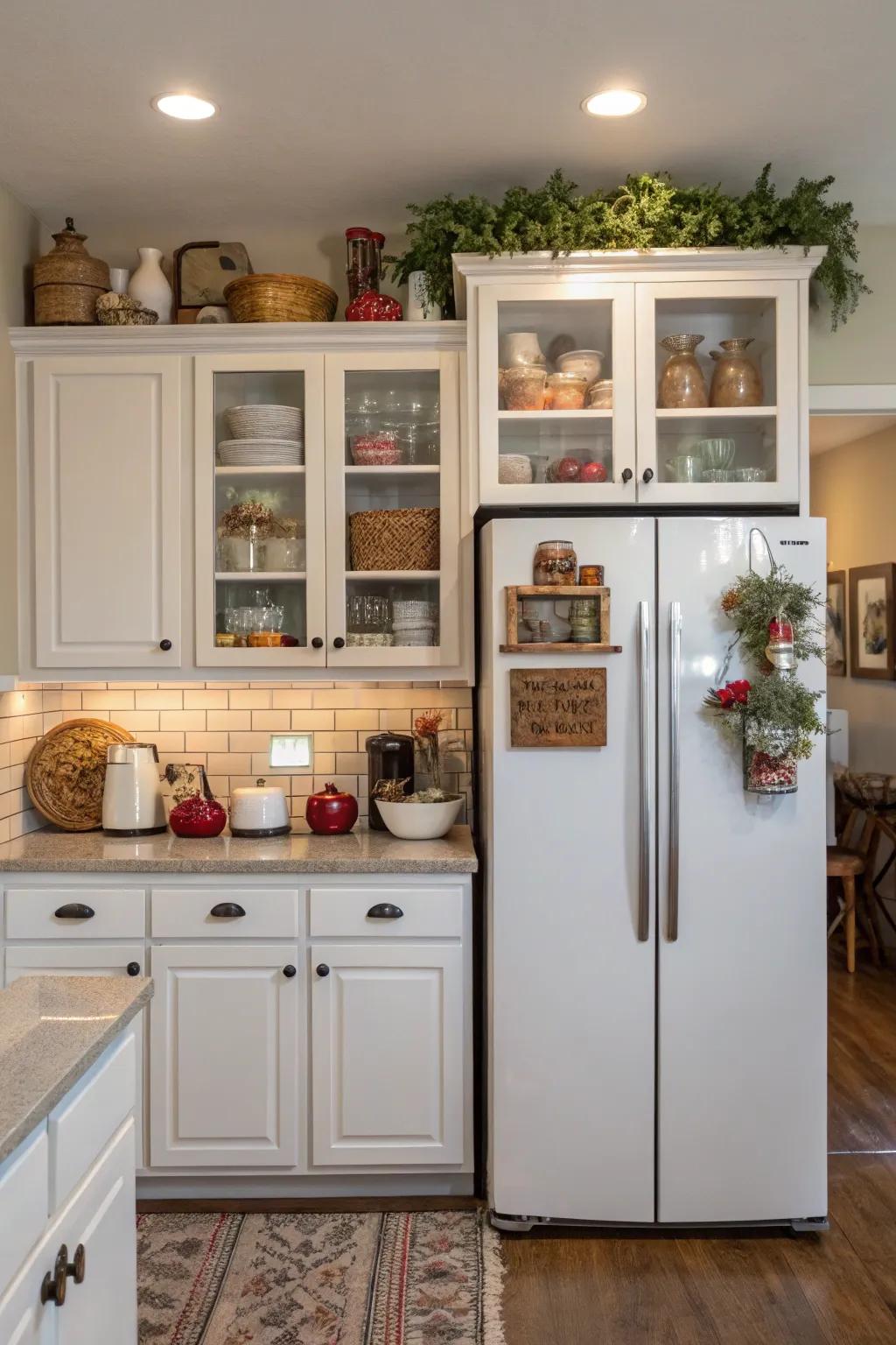 The space above the fridge is ideal for storing collectibles and seasonal items.