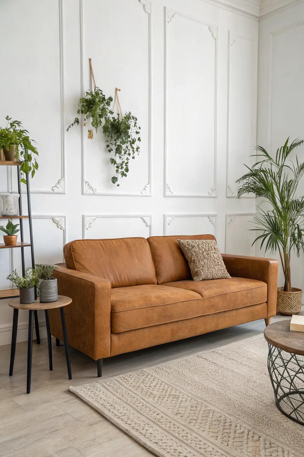 Minimalist decor highlights the beauty of a caramel couch.