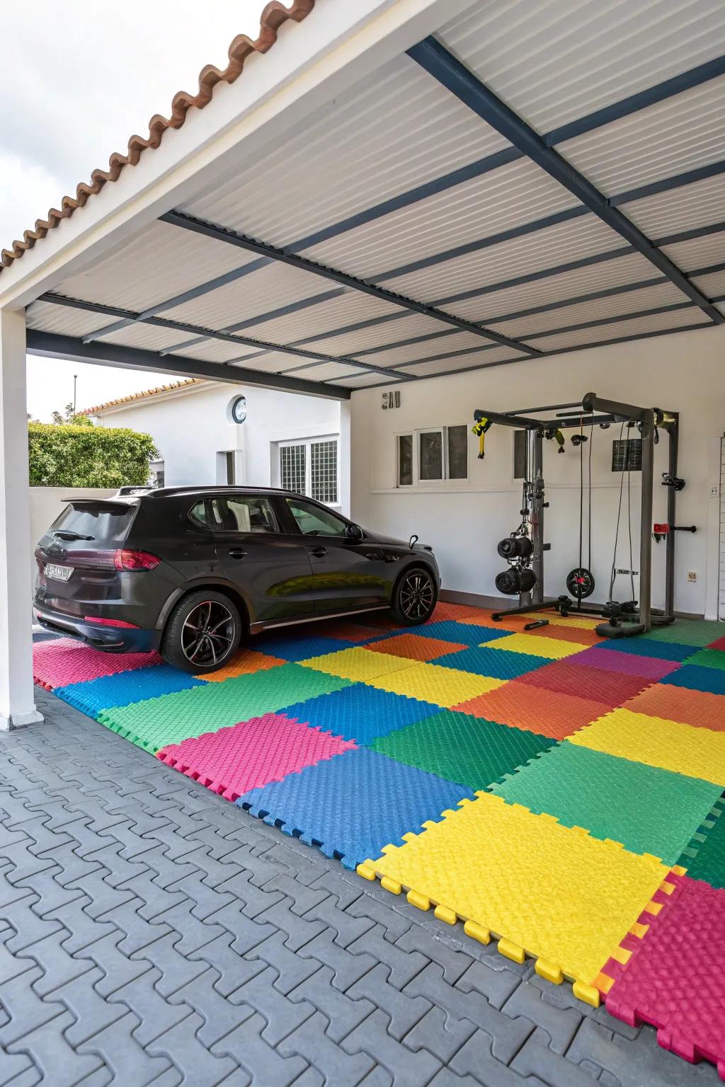 Foam tiles provide comfort and color in your carport.