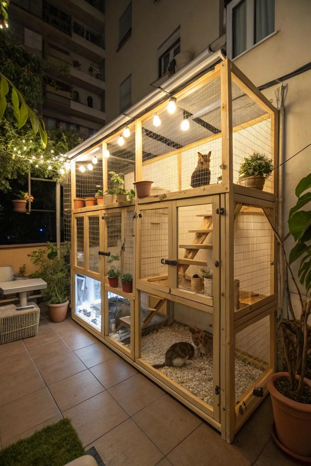 Customizable modular units in a catio, offering flexibility and versatility.