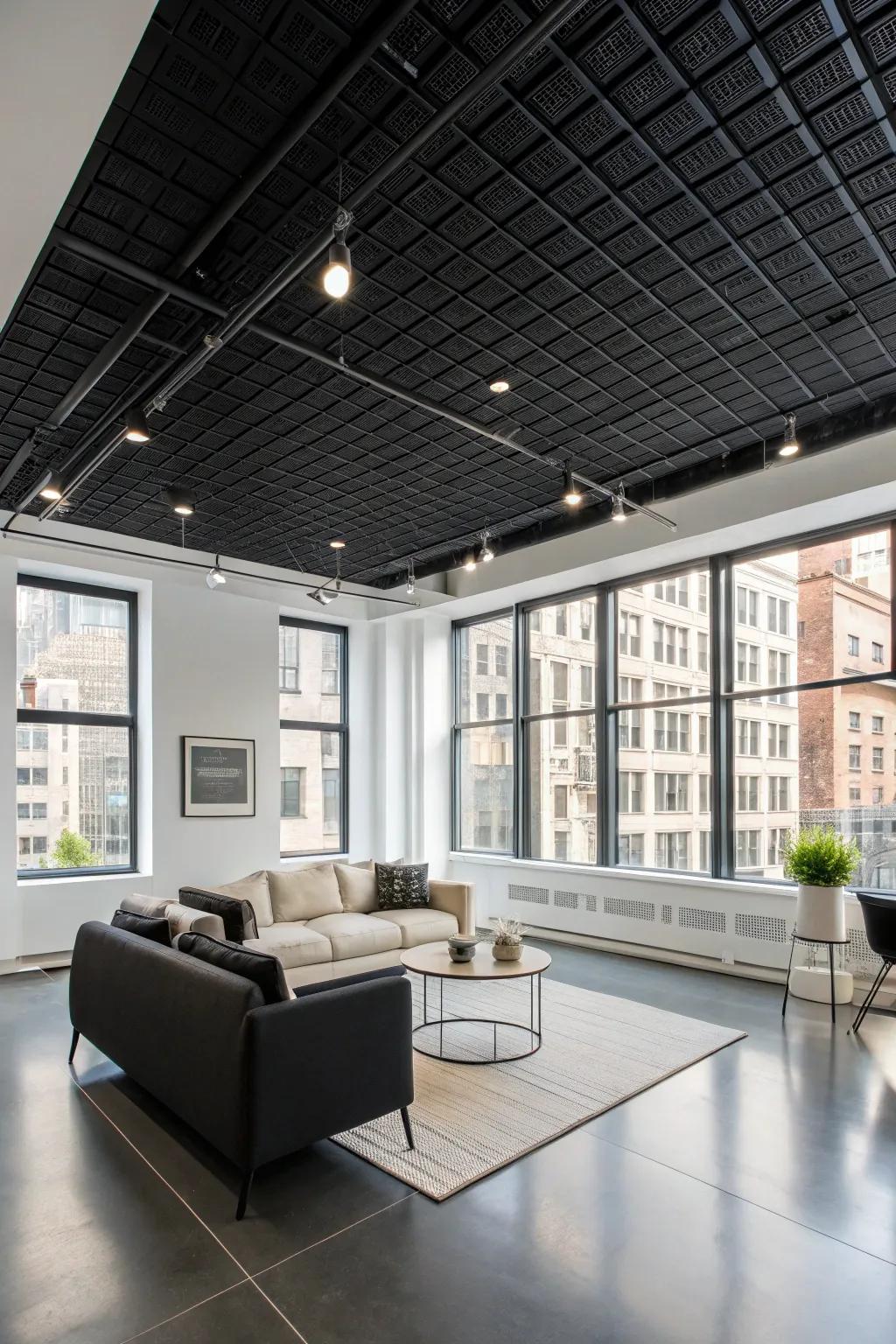 Make a bold statement with black ceiling tiles.