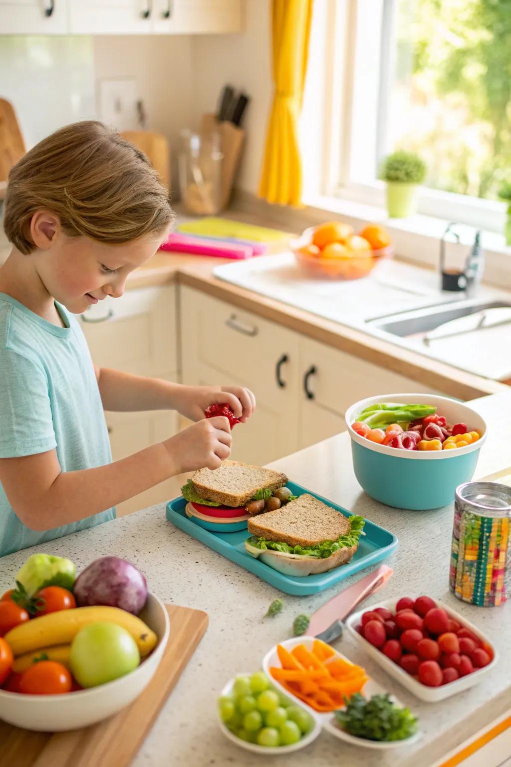 A child preparing their school lunch, learning independence.