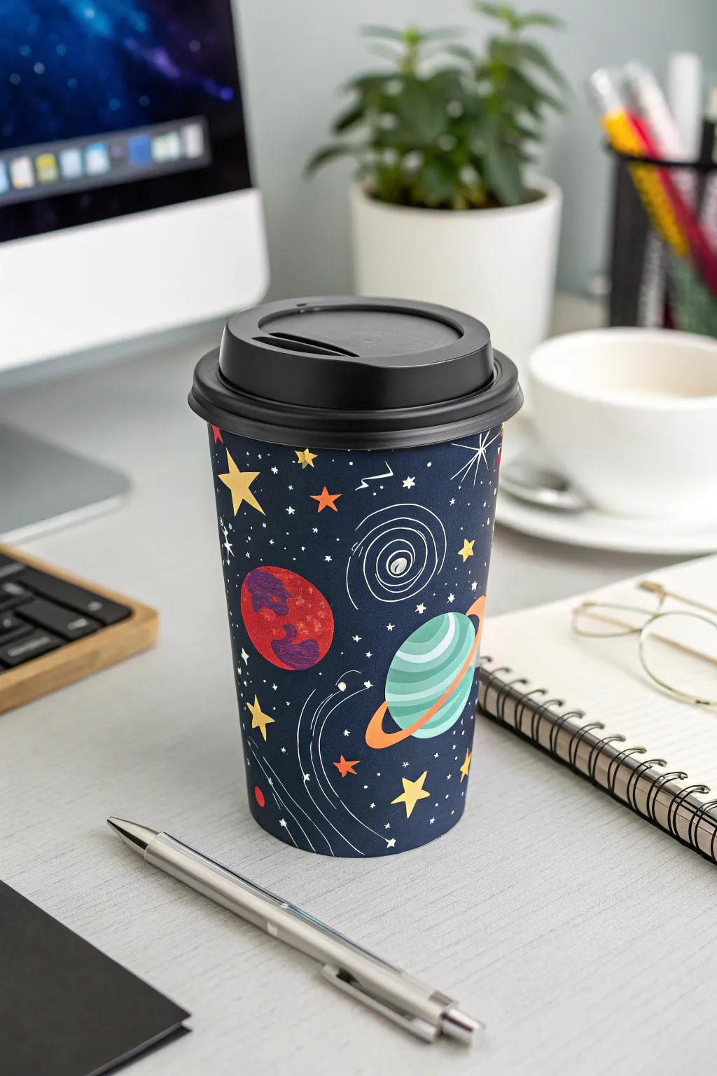 Explore the universe with every sip using coffee cups adorned with cosmic designs.