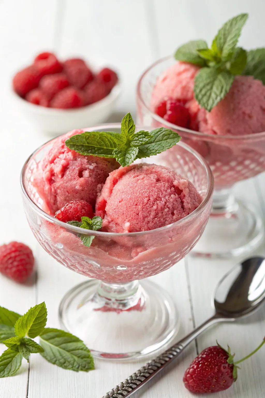 A delightful serving of raspberry sorbet providing a sweet end to the meal.