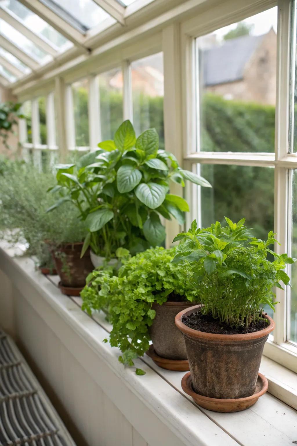 A mini herb garden thriving in a conservatory.