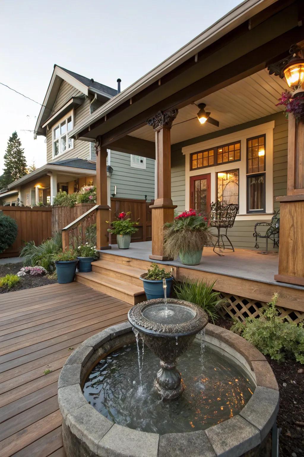 A water feature brings a tranquil vibe to the porch.