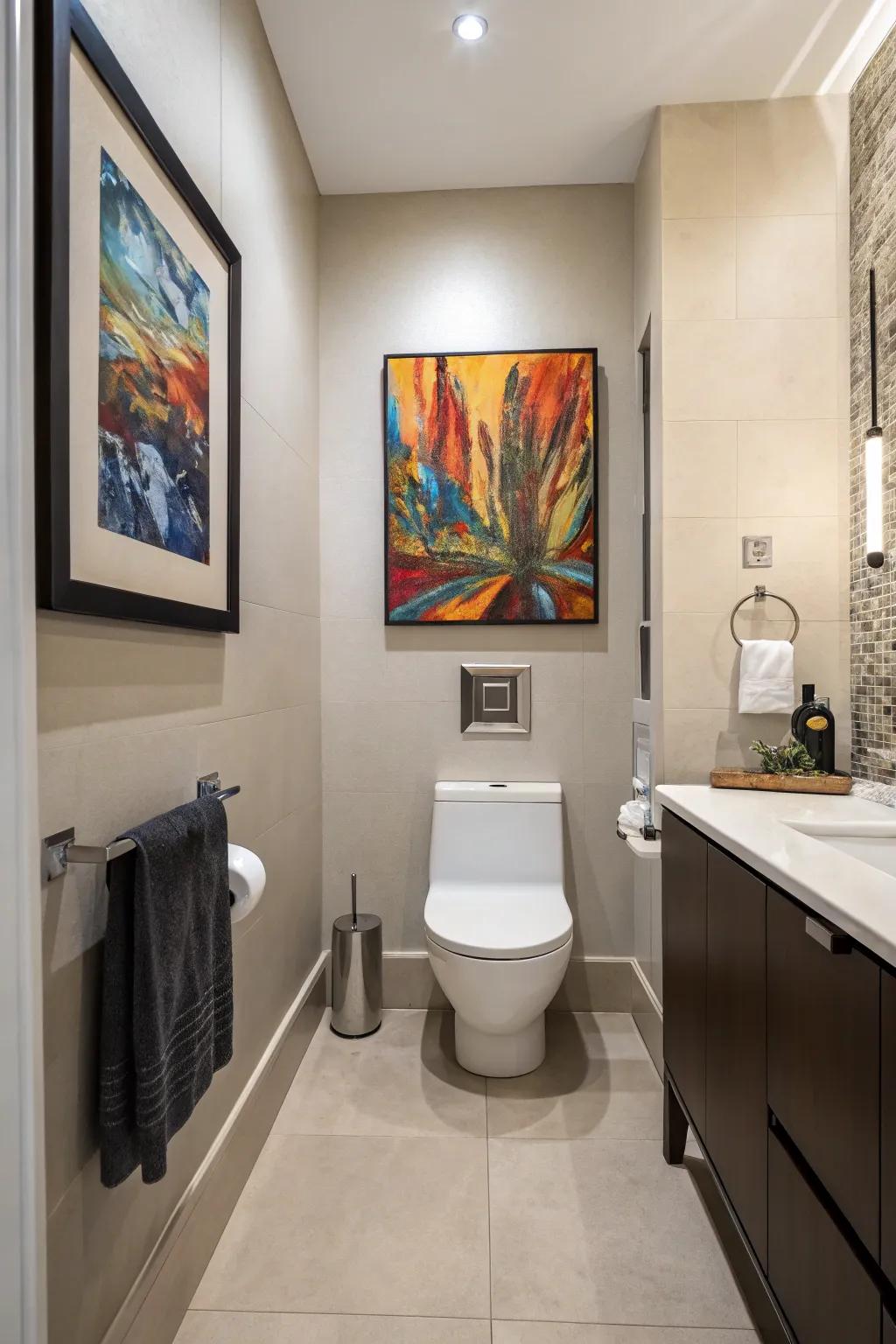 A bathroom that uses surprising art to amuse and entertain.