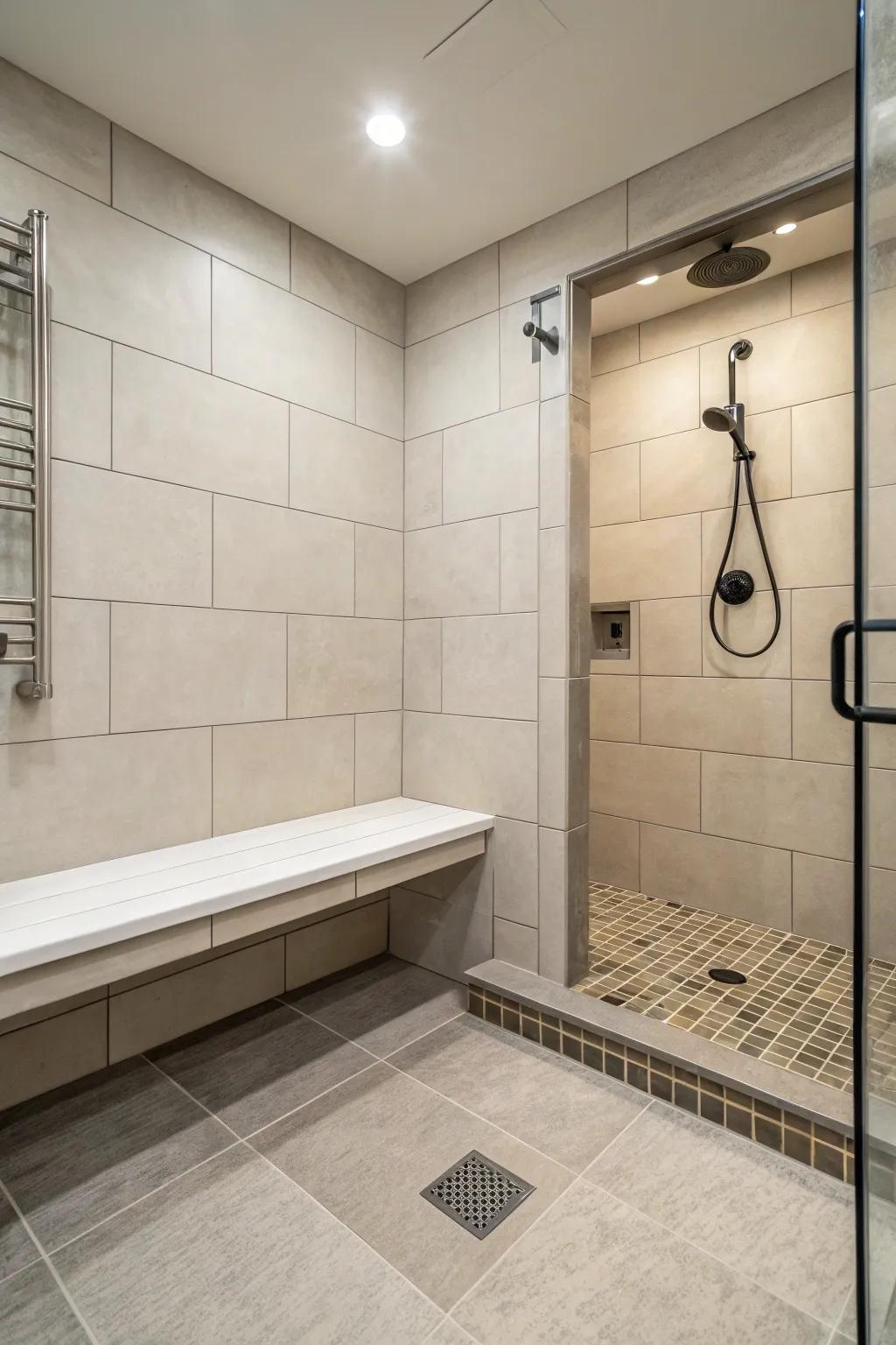 A built-in bench adds convenience and a spa-like feel to this shower.