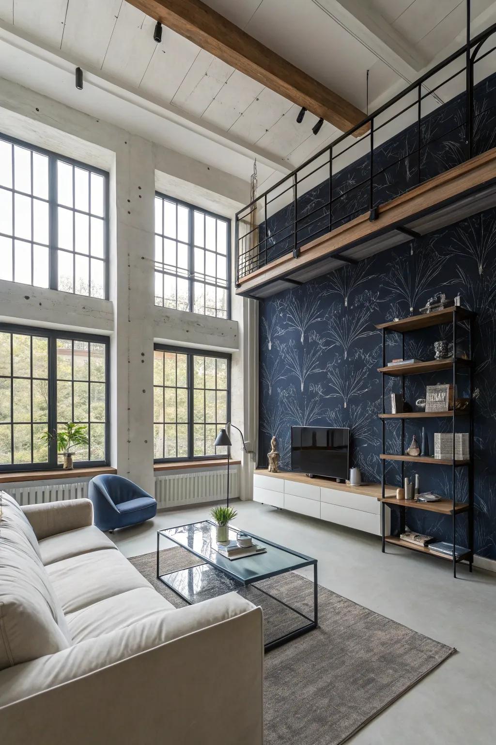 Industrial-style dark blue wallpaper adds an edgy touch.