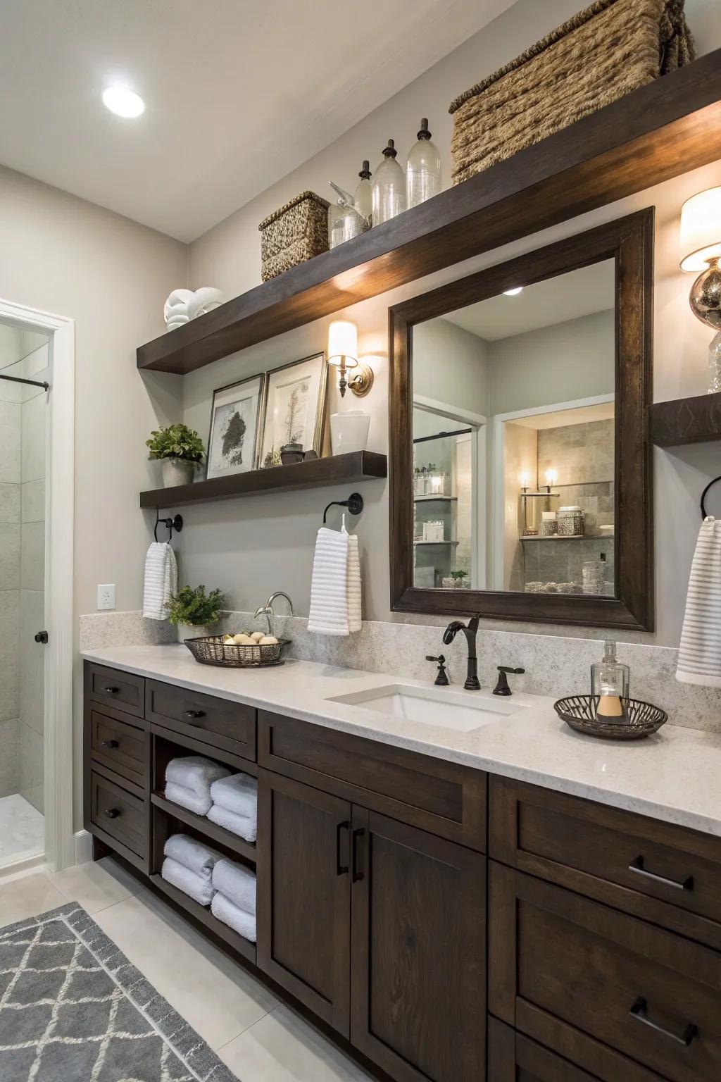 Floating shelves provide sleek storage solutions in this bathroom.