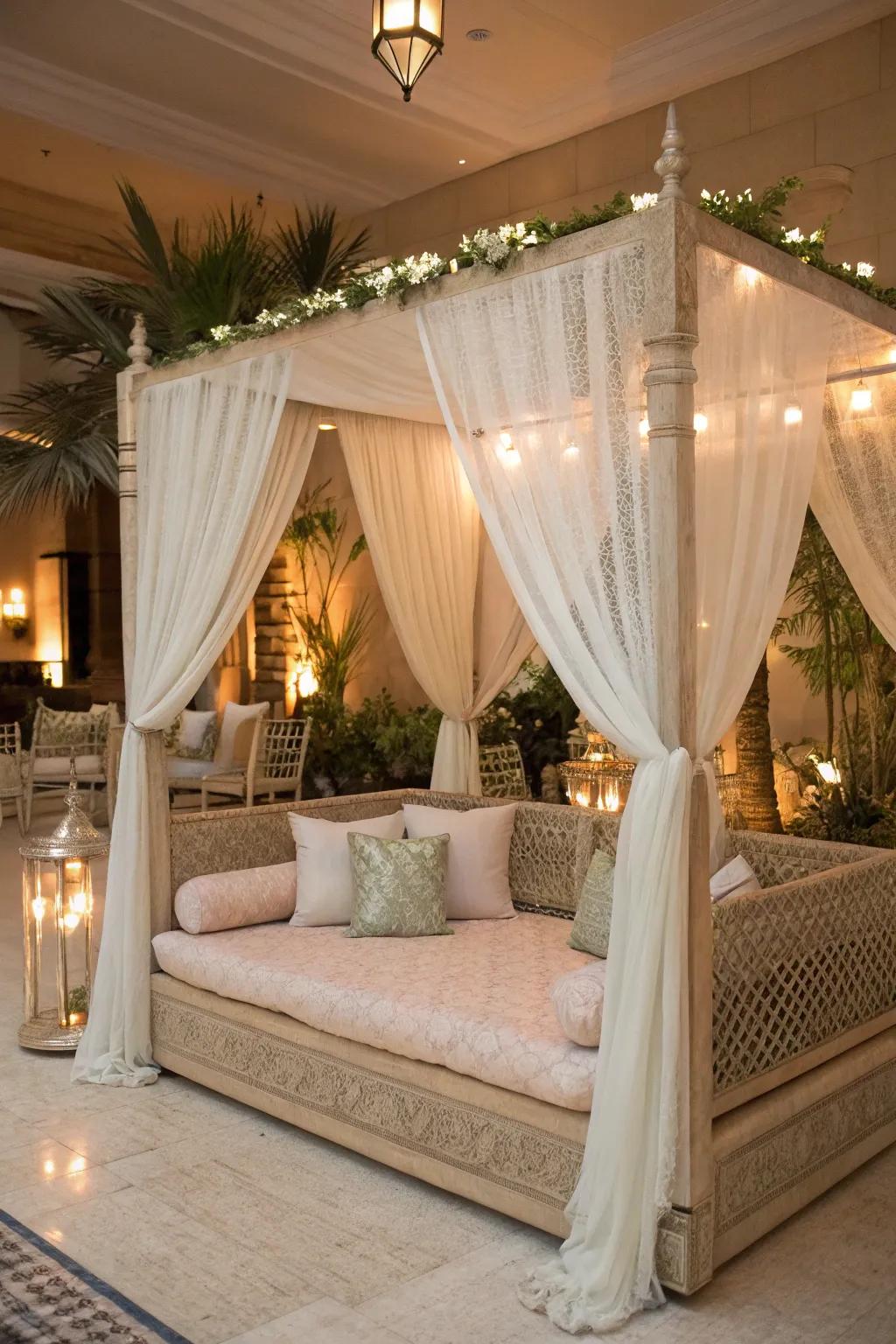 A daybed with a canopy, creating a dreamy and ethereal atmosphere.