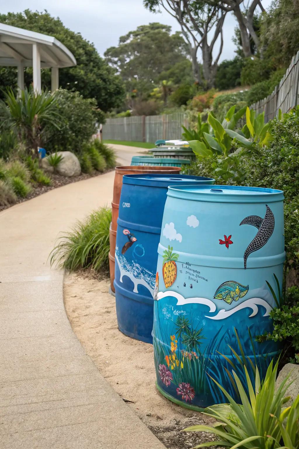 Oceanic-themed painted barrels