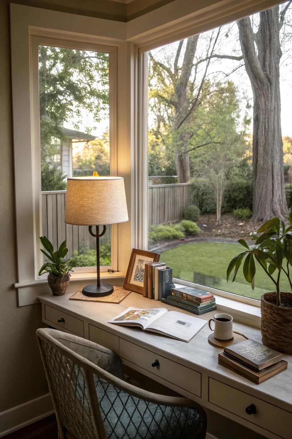 A window nook provides a bright and inspiring workspace.