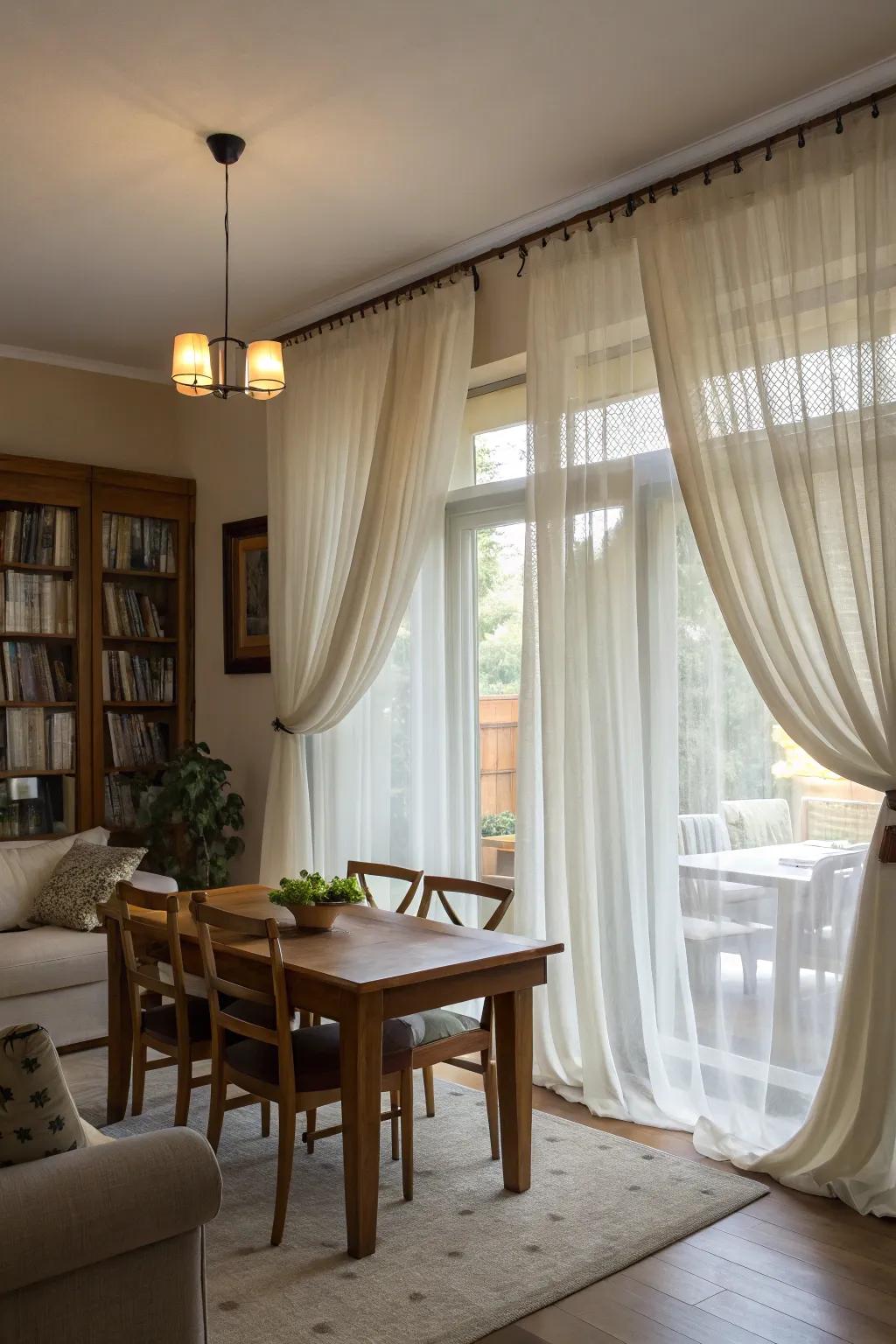 Layered curtains adding depth to the dining room.