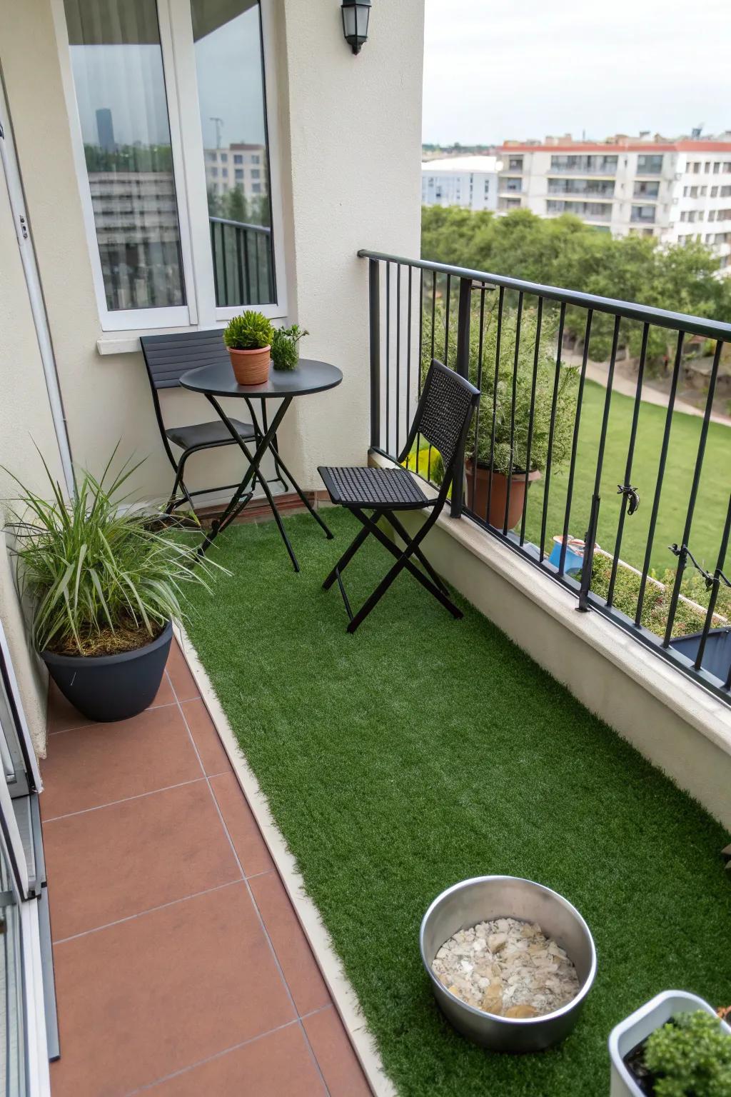 A dedicated potty spot keeps balcony cleanliness in check.