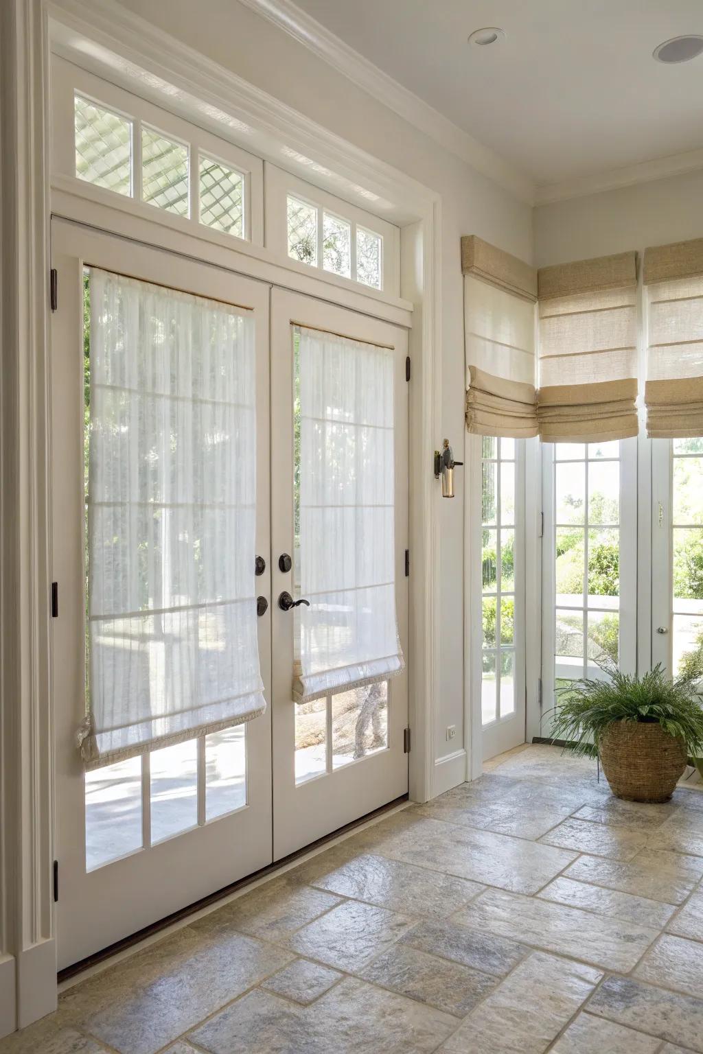 Sheer shades provide diffused light and privacy for door windows.