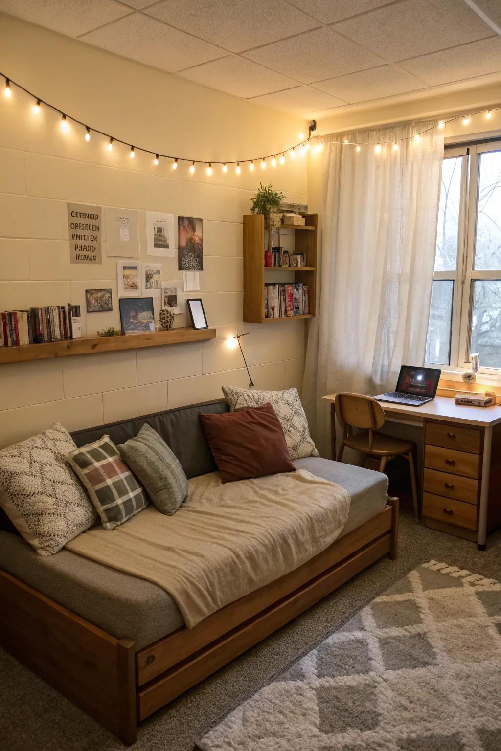 Modular couch pieces allow for customizable seating in this dorm room.