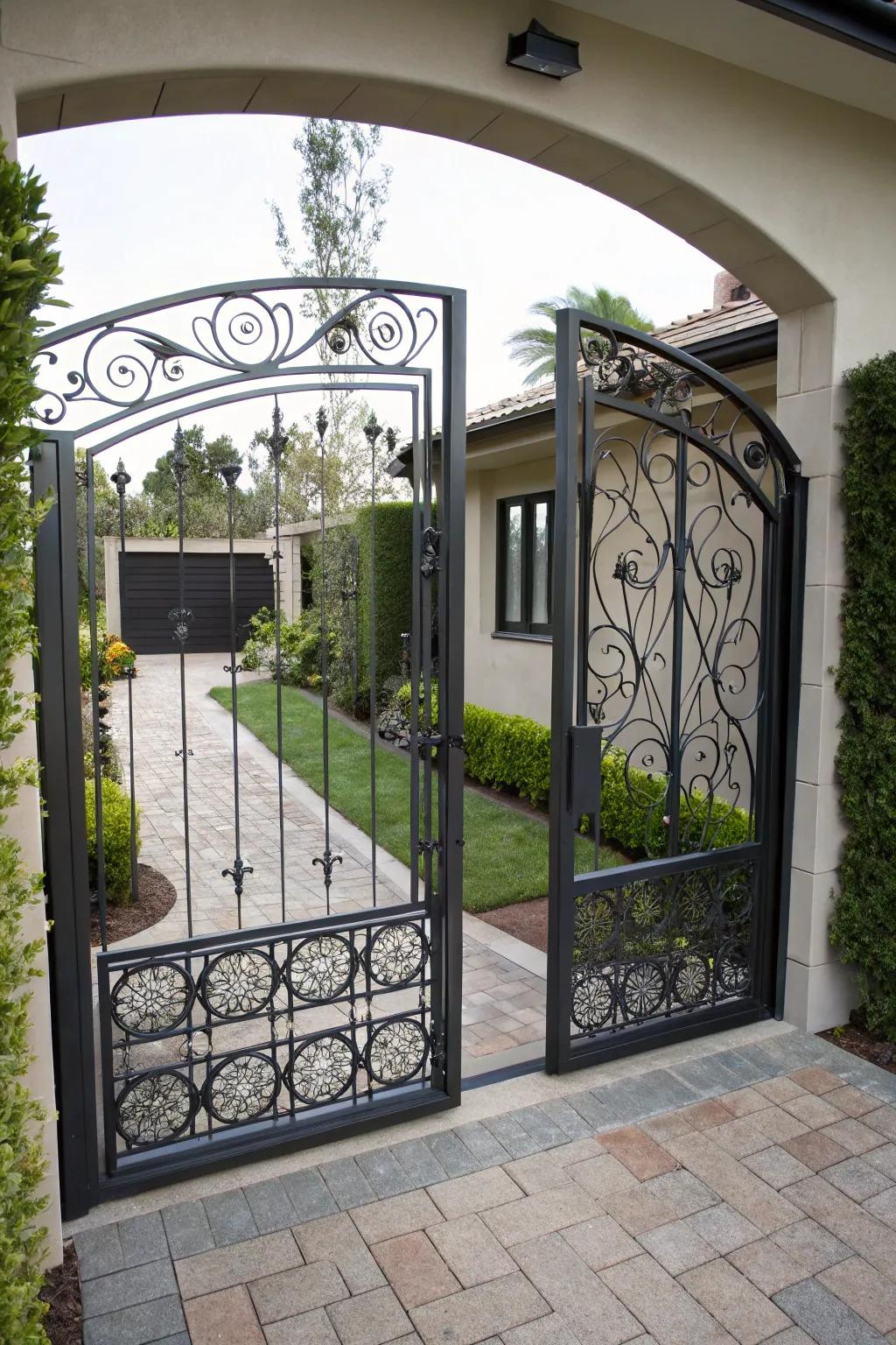 Unique artisan metalwork making this gate a conversation starter.