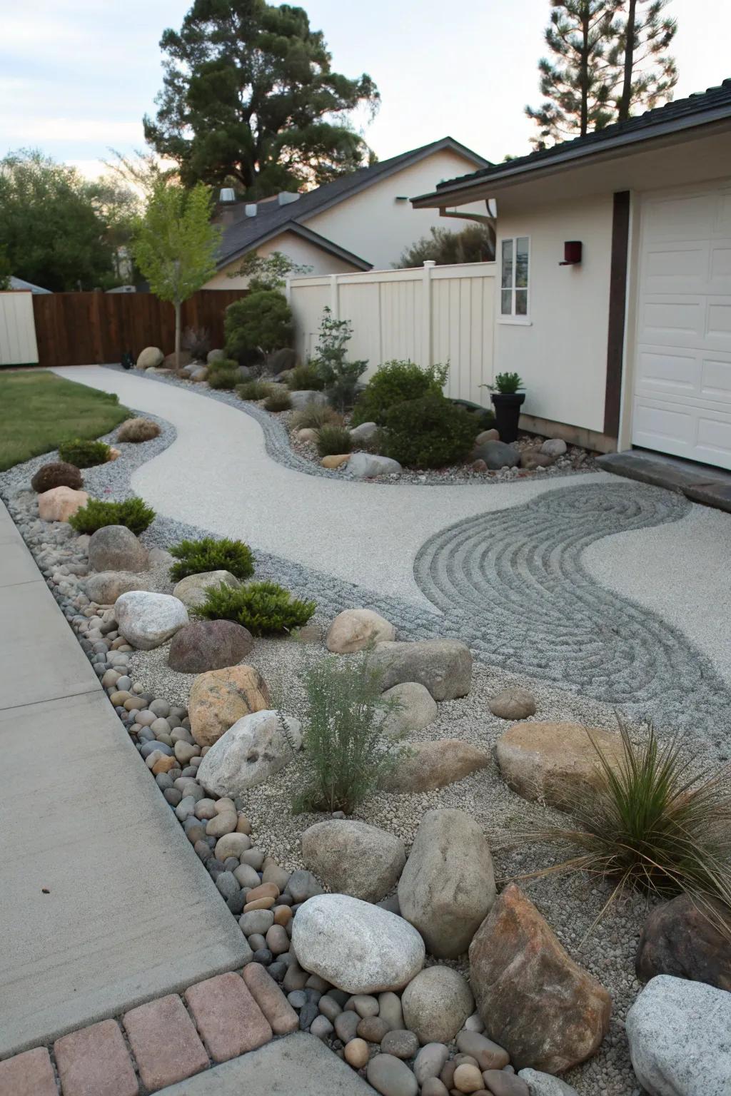 A Zen rock garden adds serenity to the driveway berm.