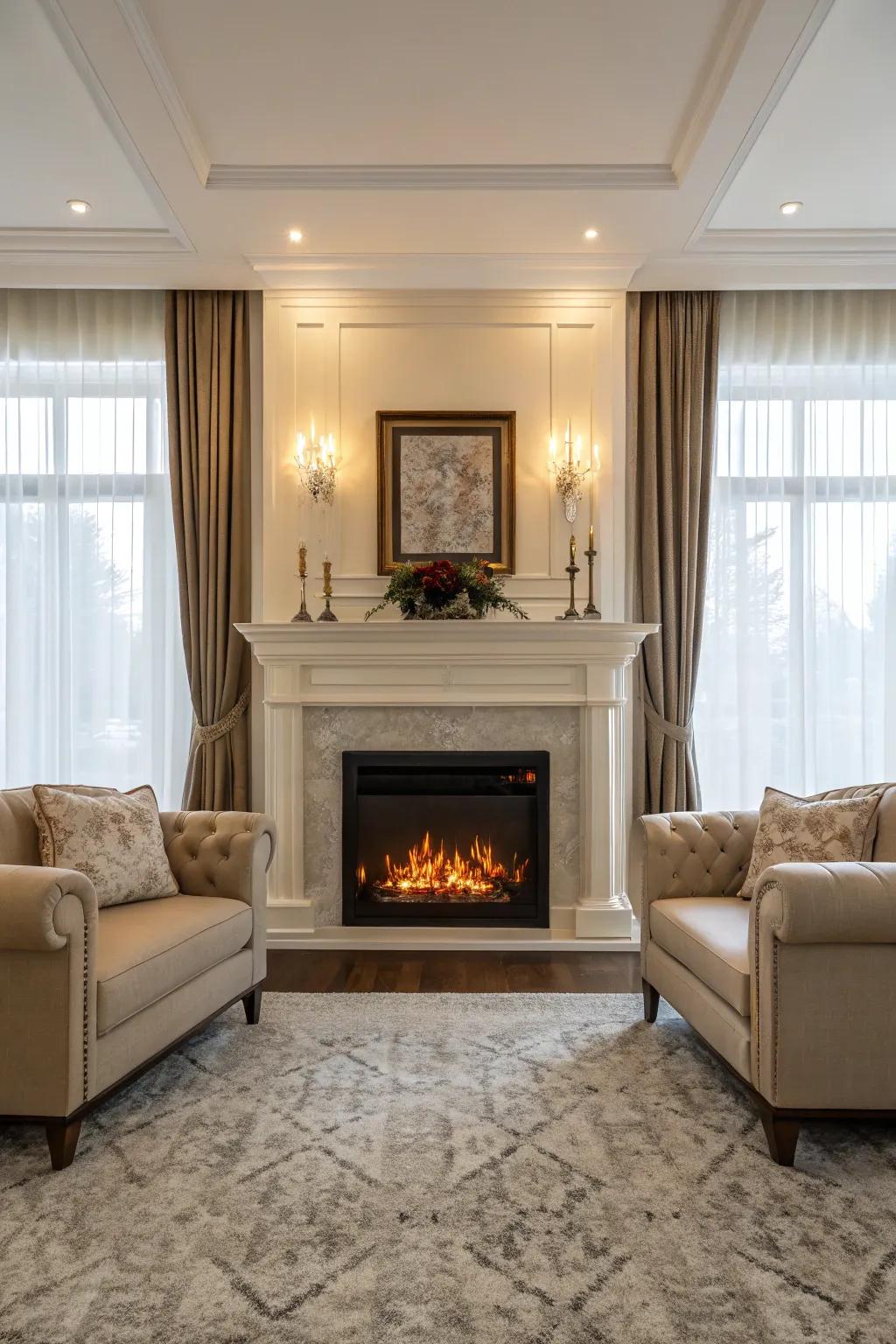 A symmetrical living room setup with a central electric fireplace.