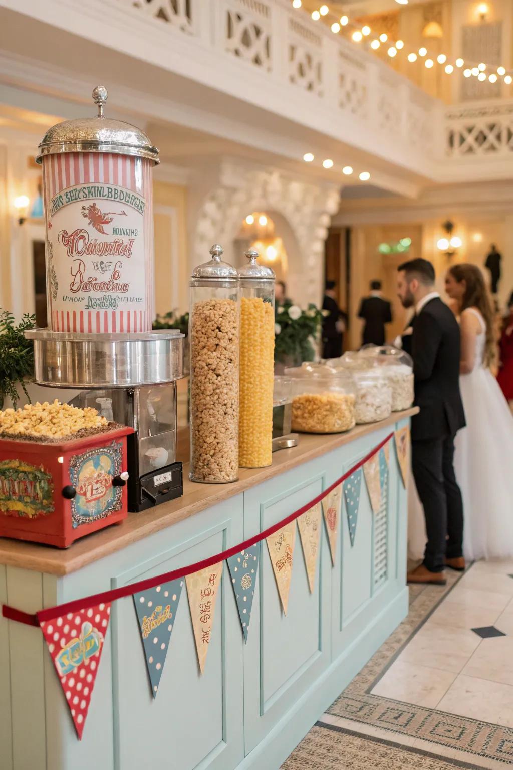 A popcorn bar styled with a retro candy store vibe, featuring colorful jars and decor.