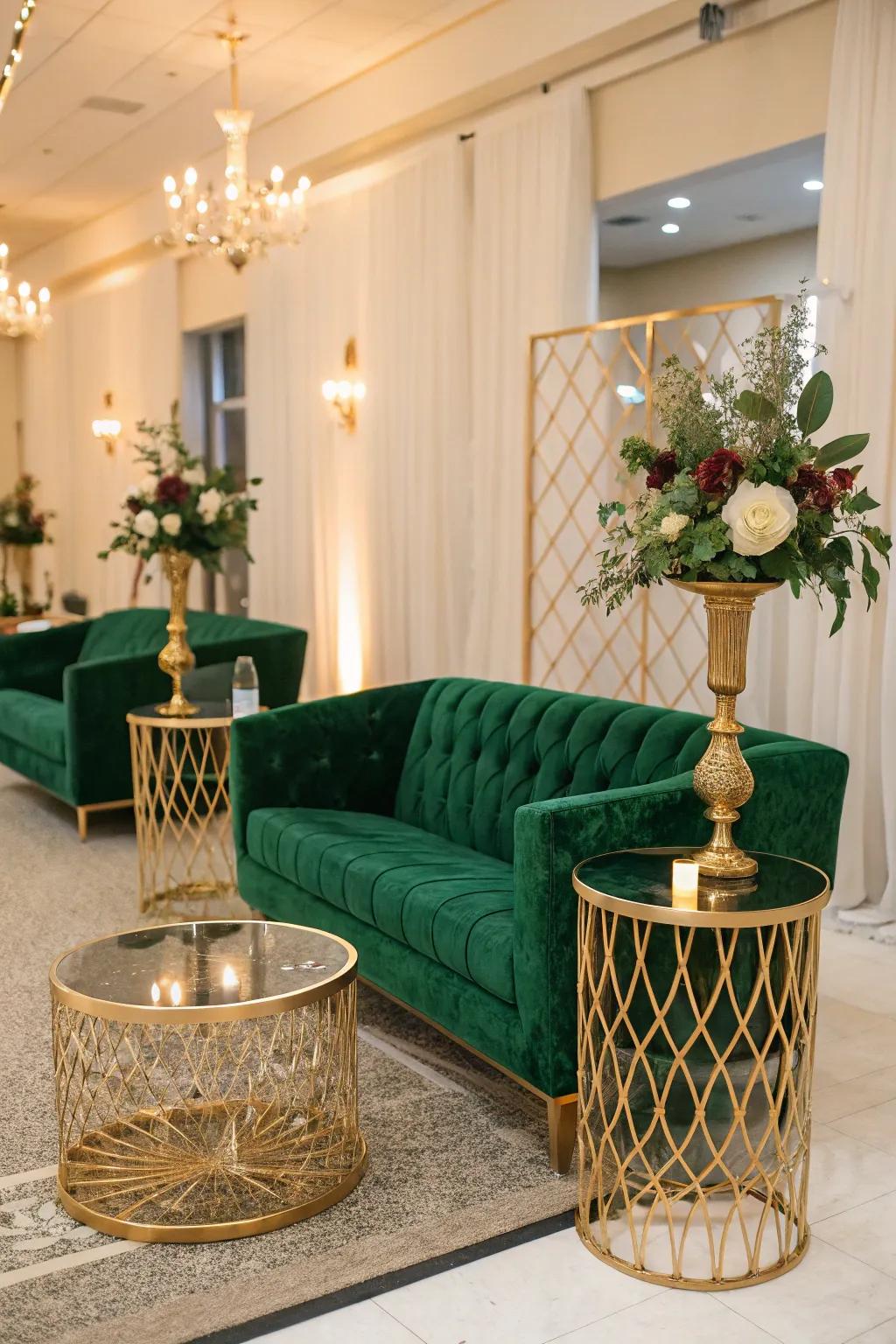 A luxurious lounge area with emerald green seating.