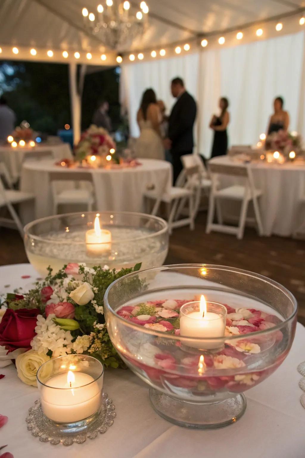 Floating candles create a romantic centerpiece alternative.