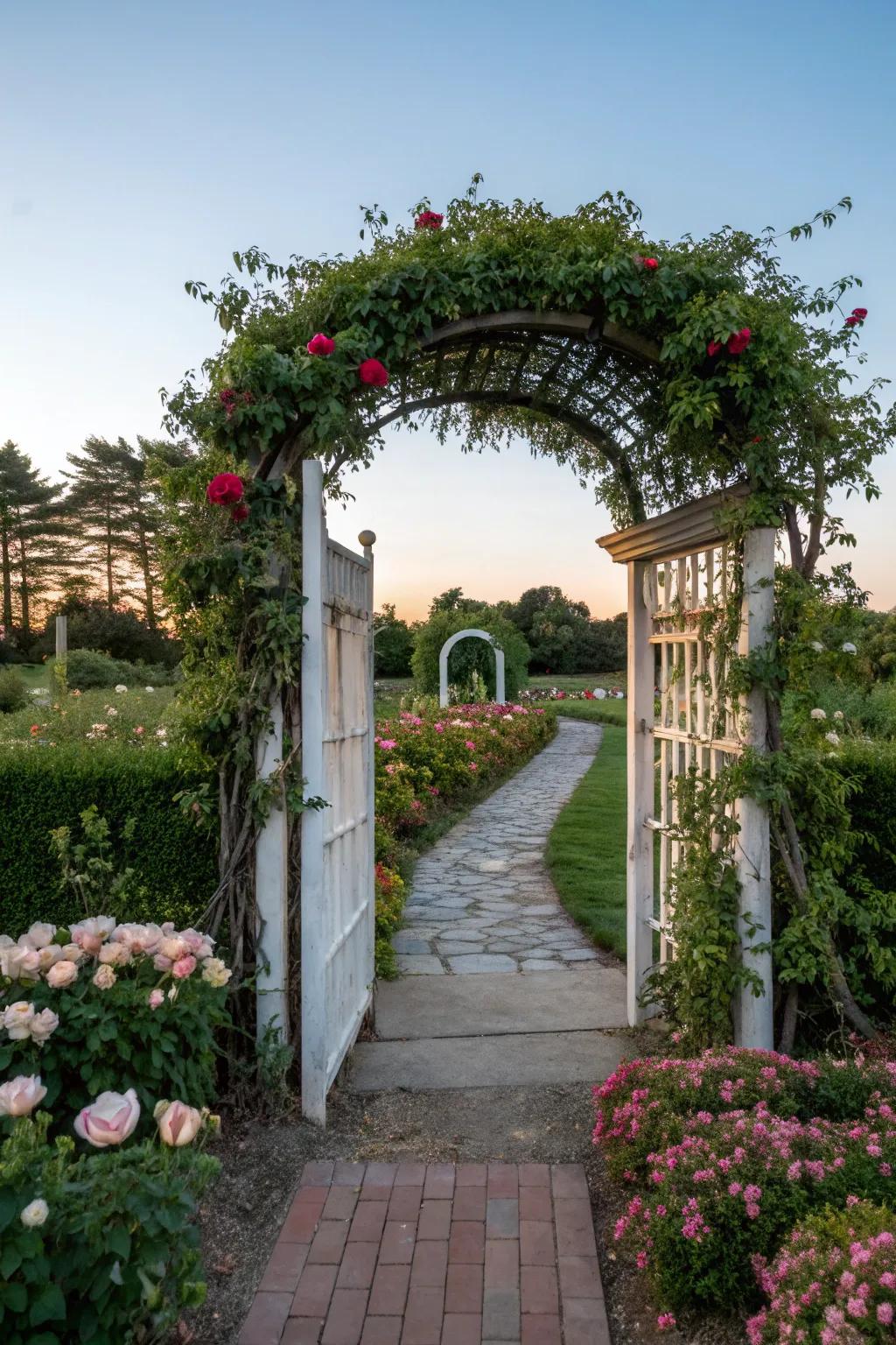 A dramatic entrance framed by an elegant arbor.