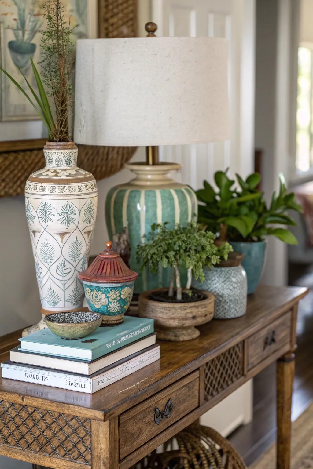 An eclectic mix of decor pieces adds unique character.