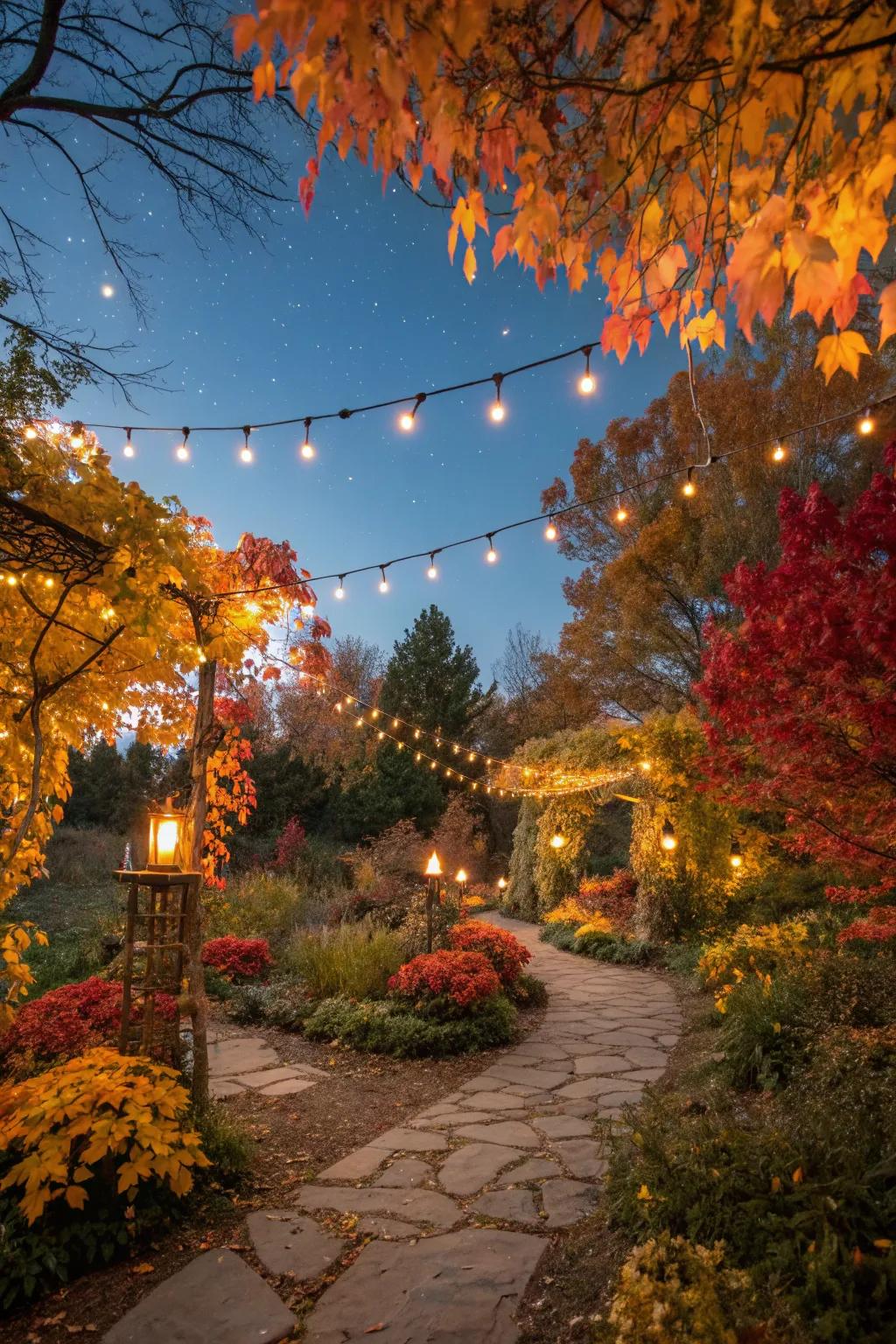 Outdoor lighting adds evening magic.