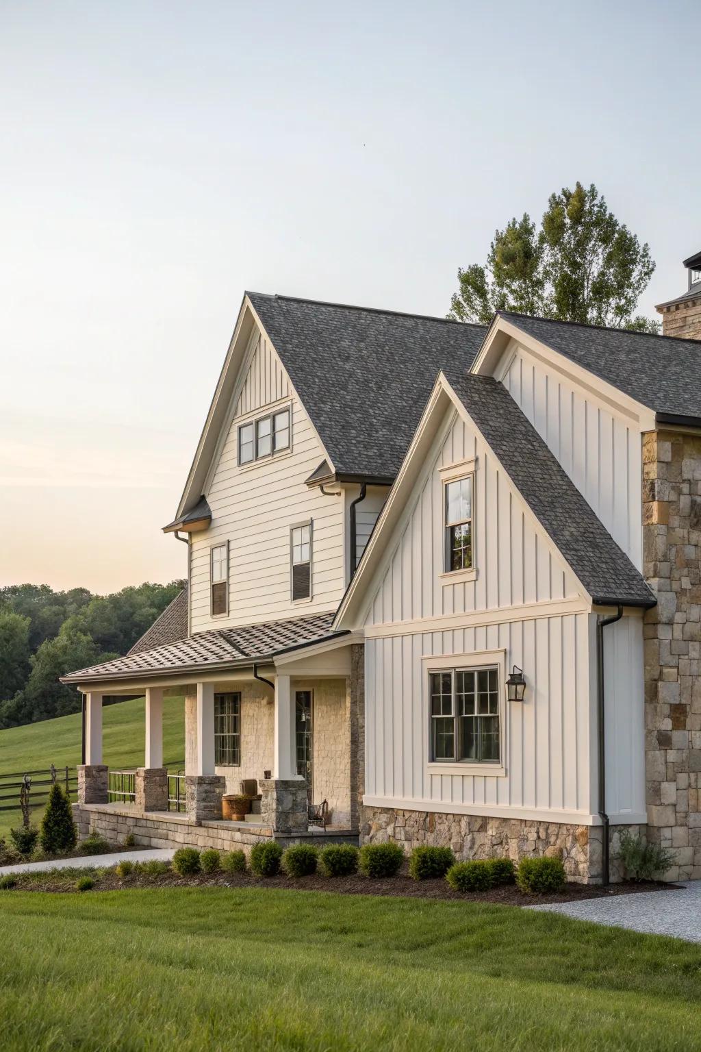 Eggshell exterior paired with stone accents for timeless elegance.