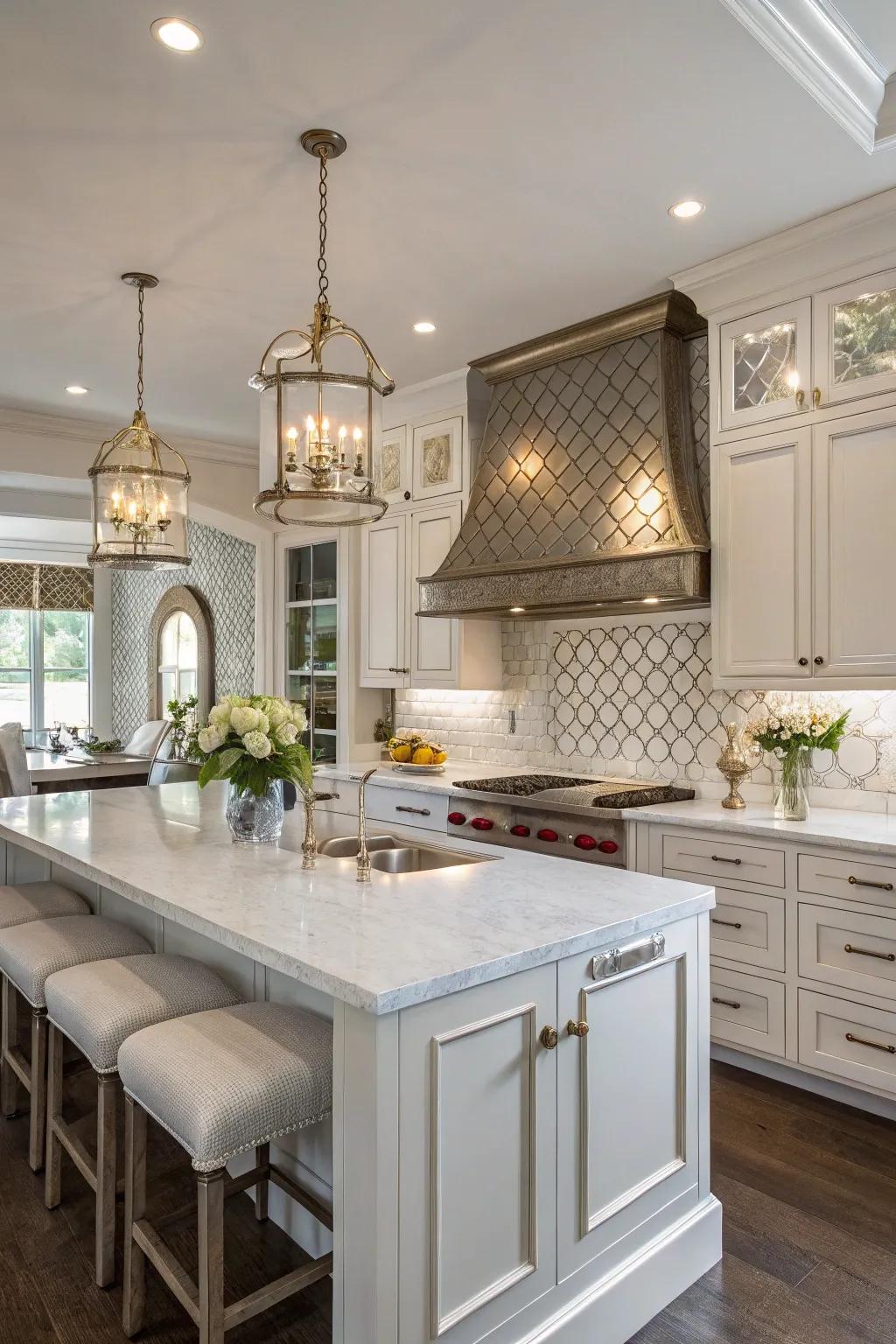 A shiny backsplash adds glamour and makes the kitchen feel more spacious.