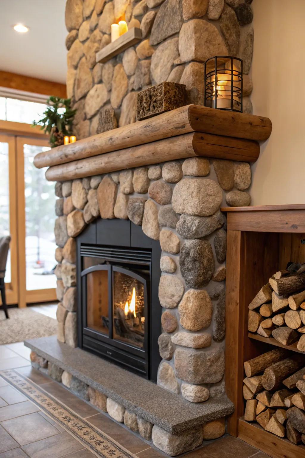 Achieve harmony with a stone and wood fireplace combination.