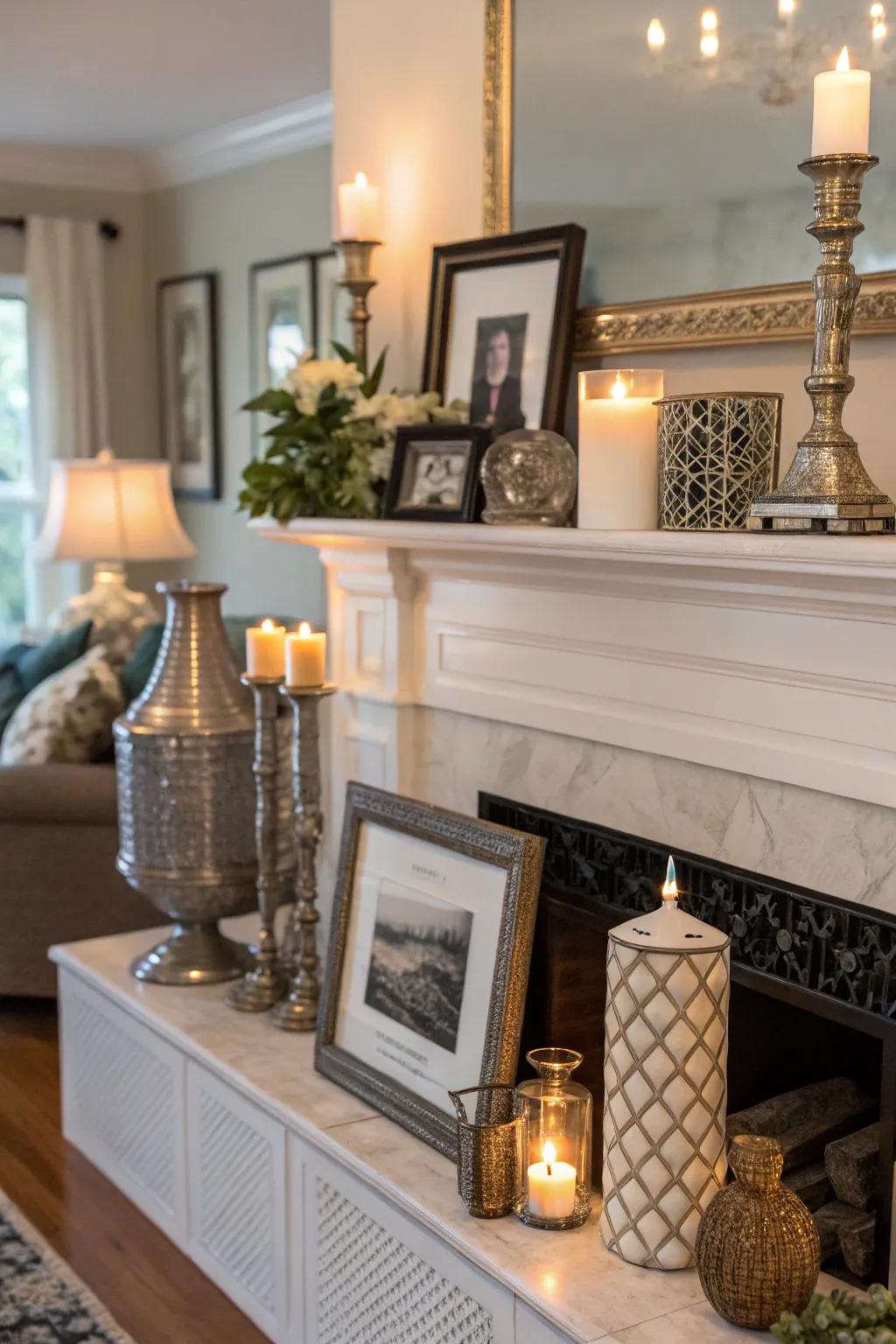 An eclectic mantel display, surprising with its diverse styles.