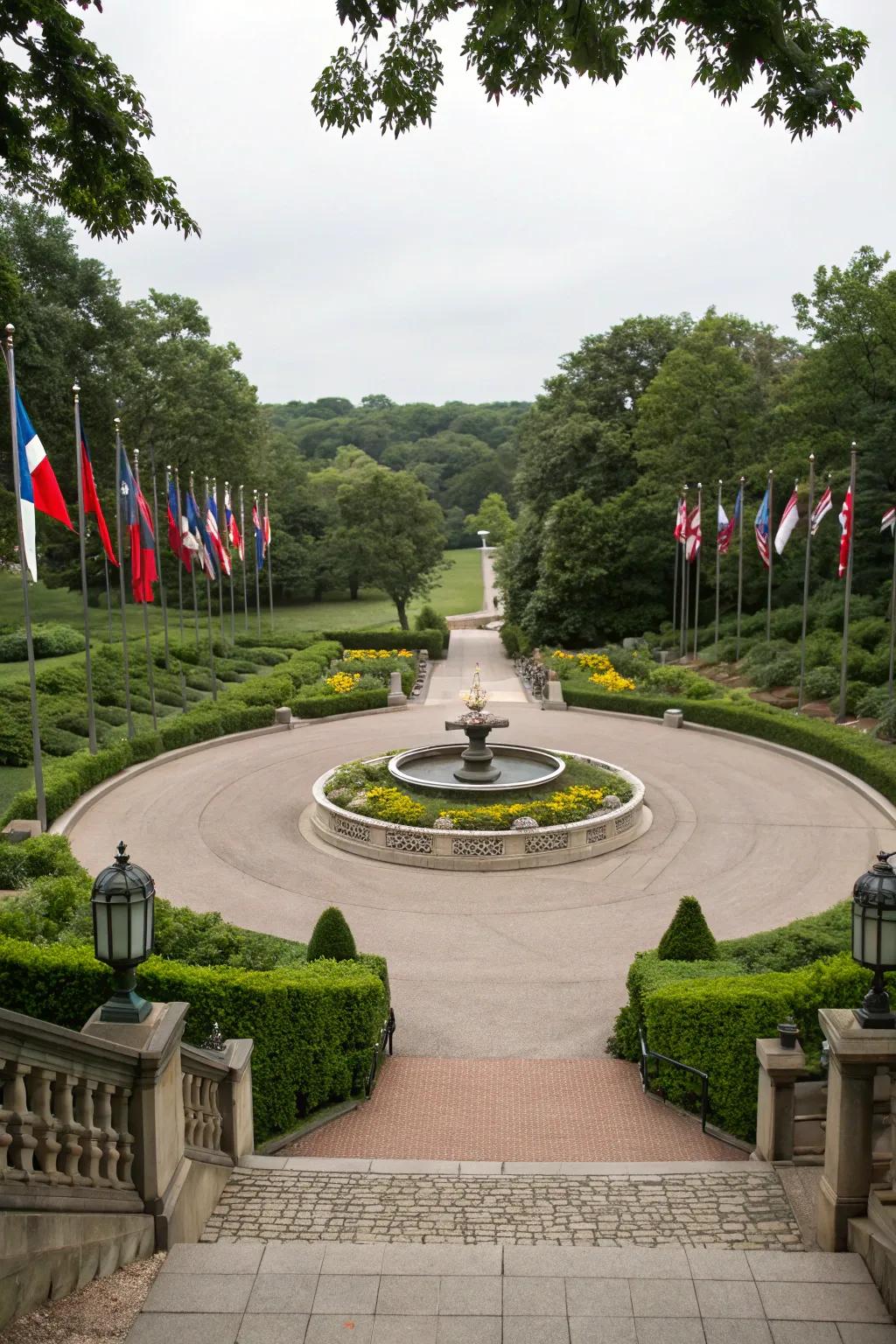 An elegant circular driveway with a central garden feature enhancing the flag lot.