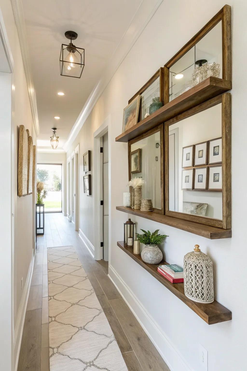 Enhance your hallway with mirrors on floating shelves.