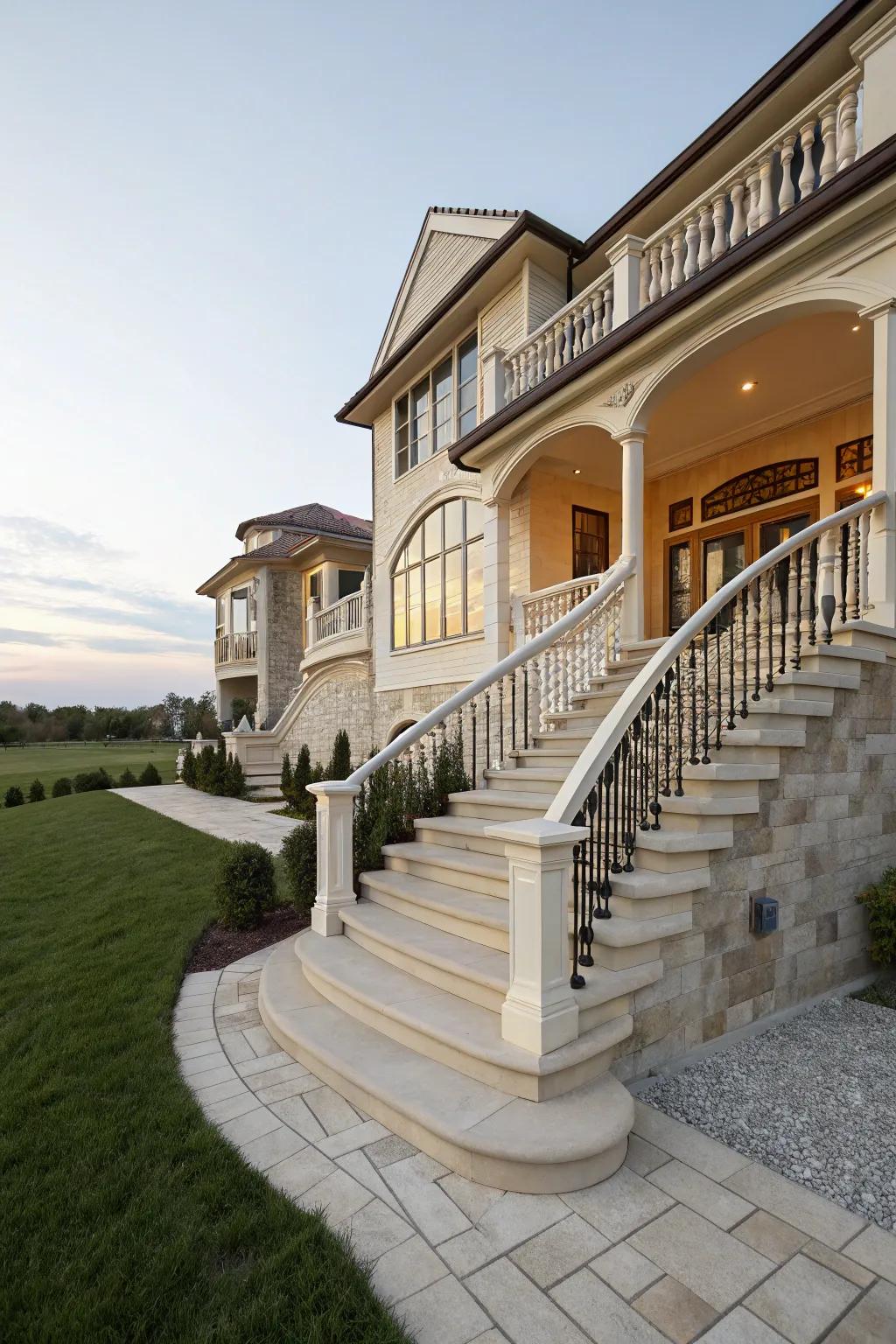 A grand staircase enhances the entrance's majestic appeal.