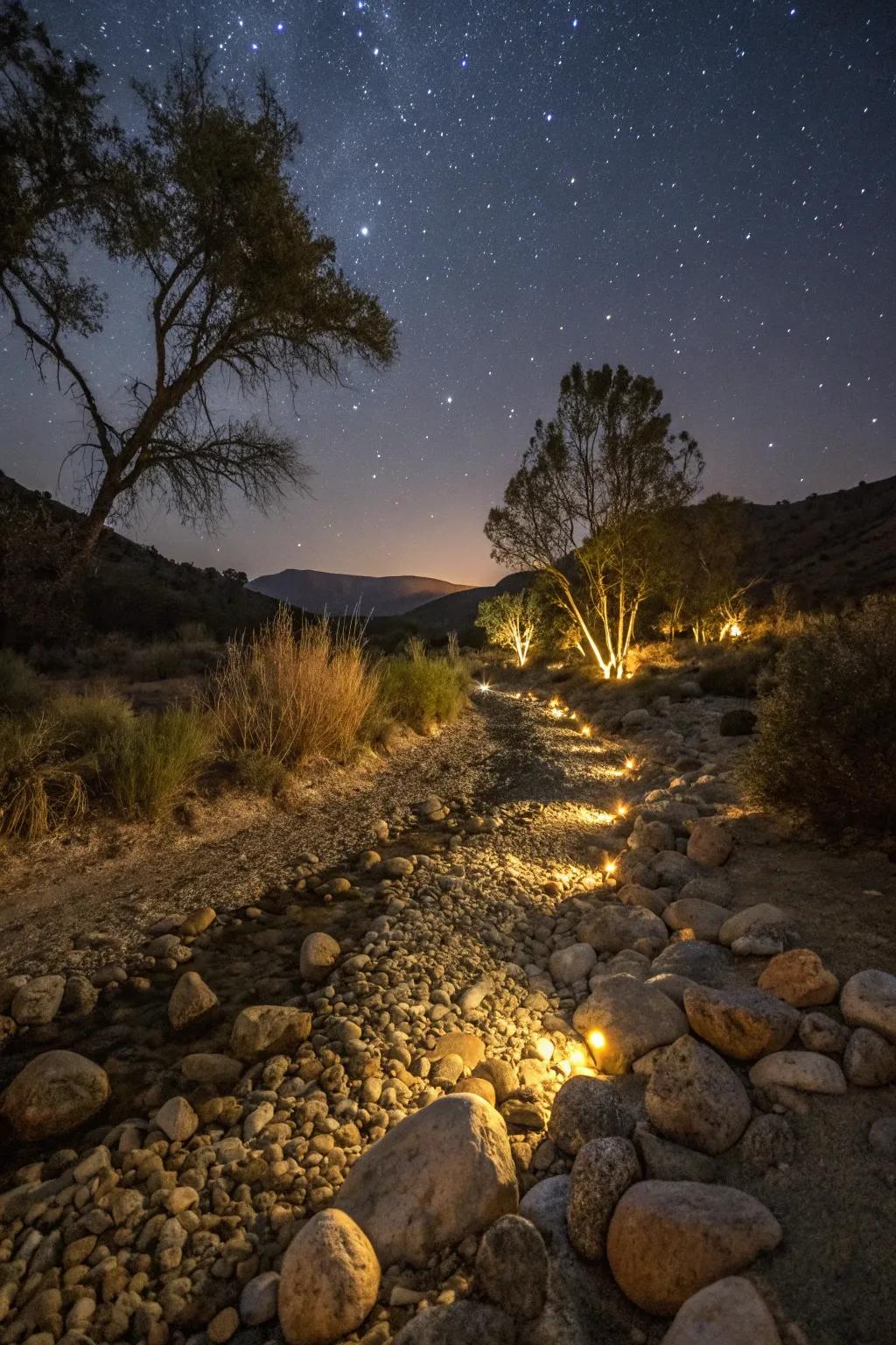 LED lights bring a magical glow to your dry creek bed at night.