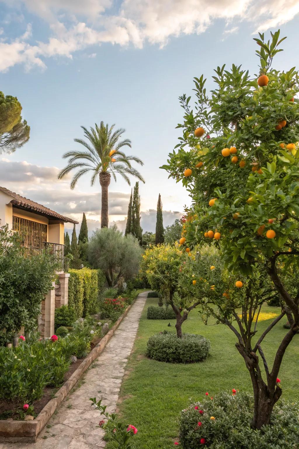 Fruit trees like citrus and pomegranate add beauty and bounty to this landscape.