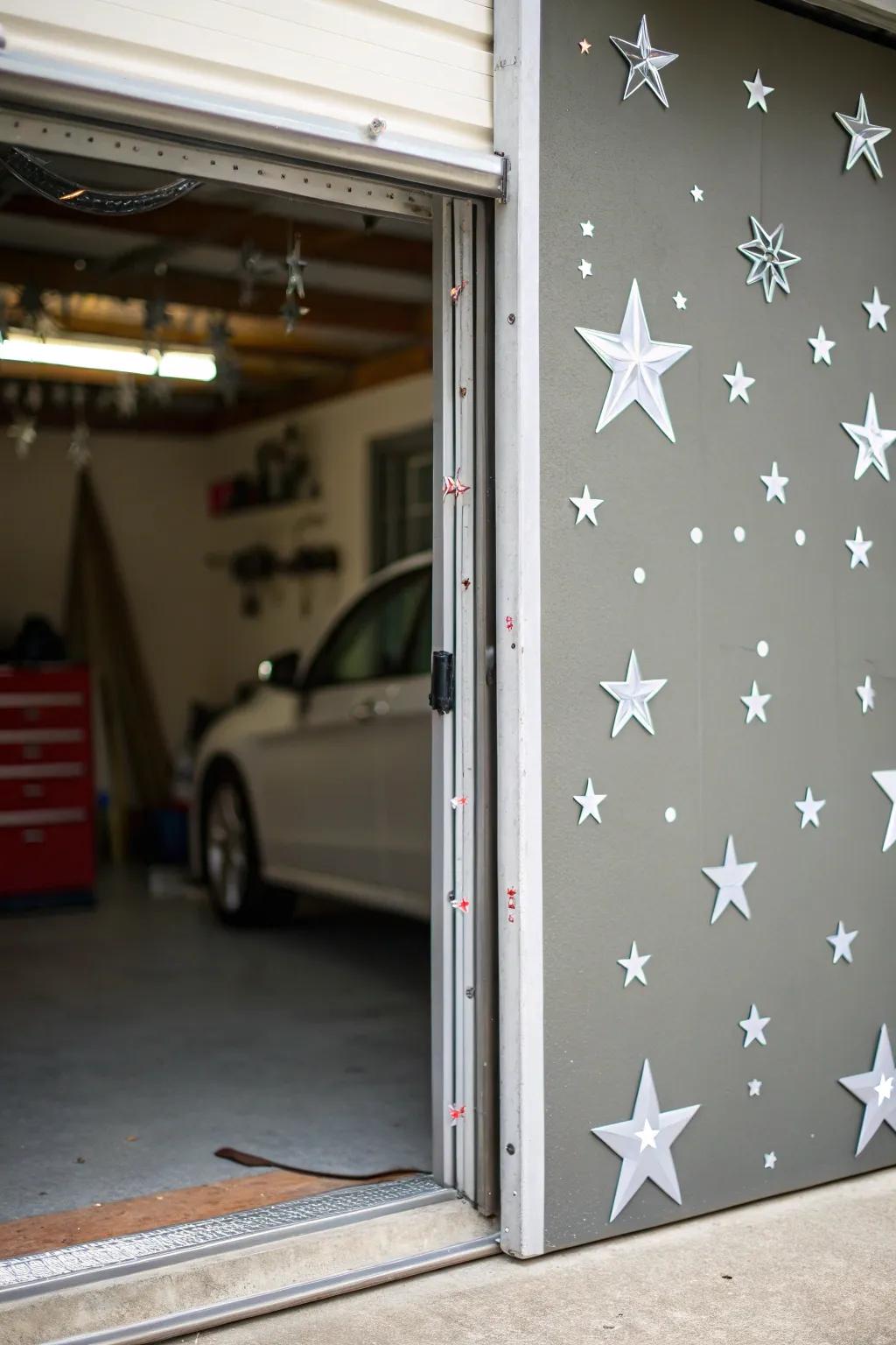 Garage door with minimalist silver star figures.