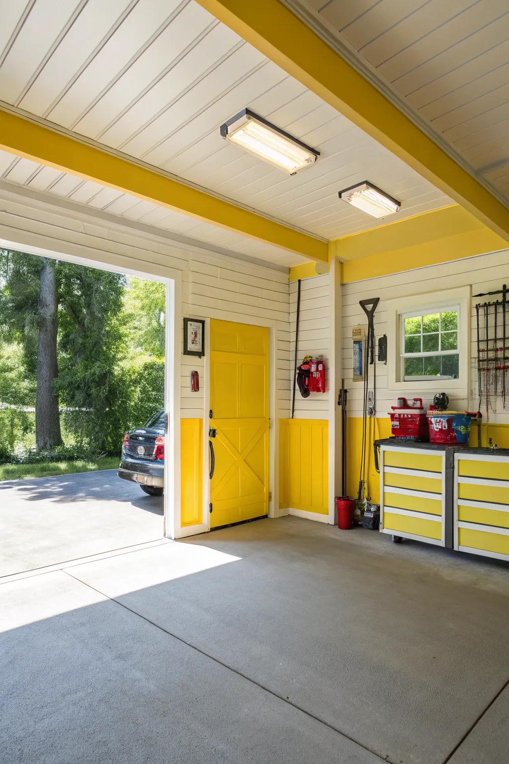 Yellow accents bring cheer and warmth to your garage.