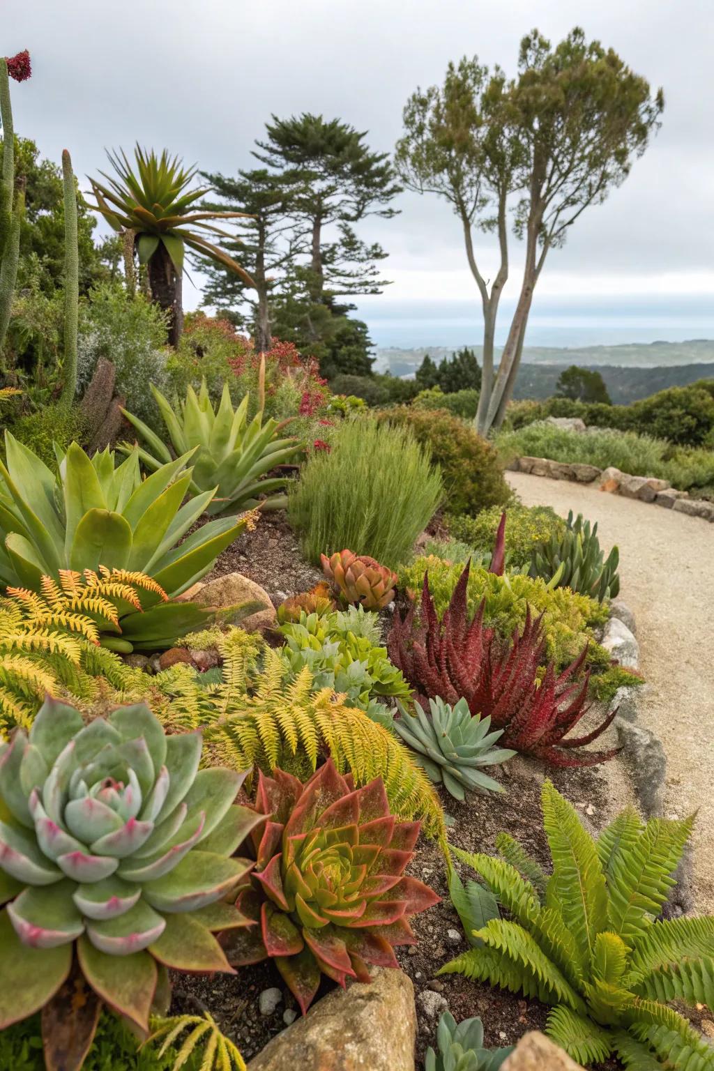 A garden showcasing unusual plant varieties, including succulents and rare ferns.