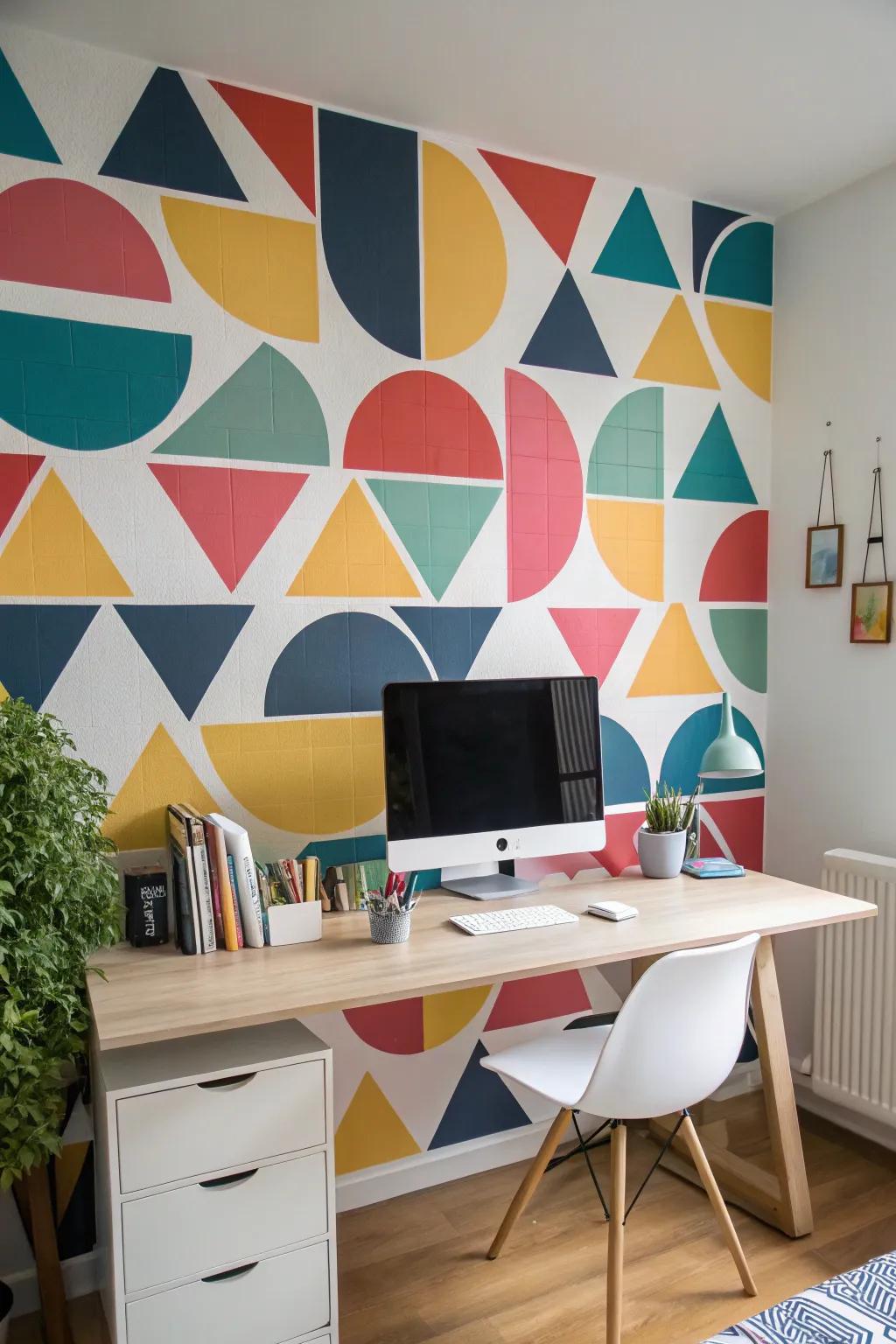 A home office with an eclectic mix of geometric shapes on the wall.