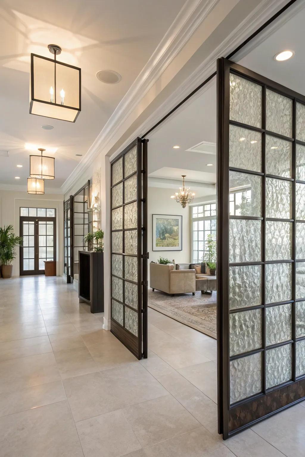 An open-concept space with artistic glass block room dividers, providing separation with translucent elegance.